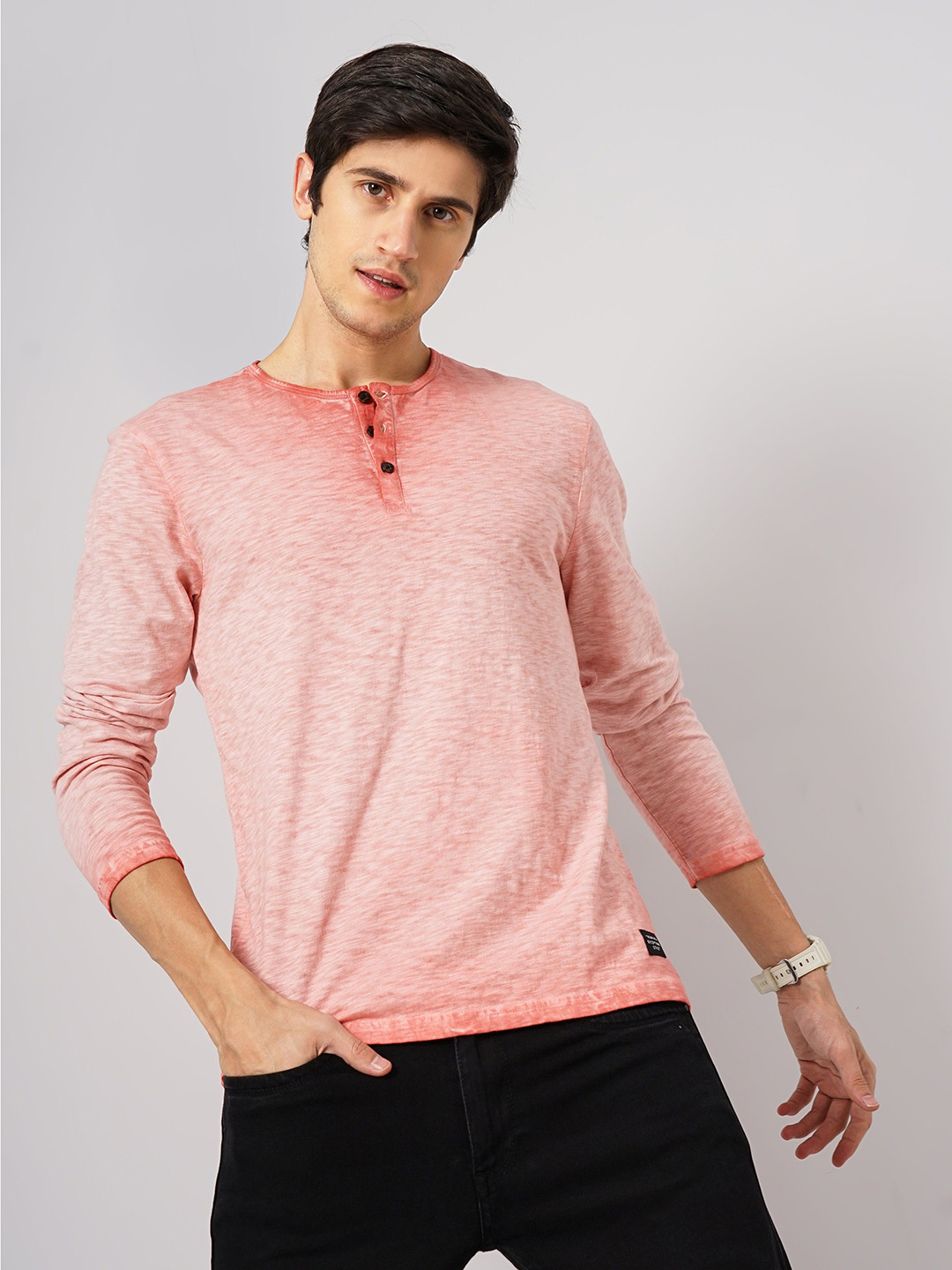 

Genoa Men Tie and Dye Dyed Henley Neck Slim Fit T-shirt, Pink
