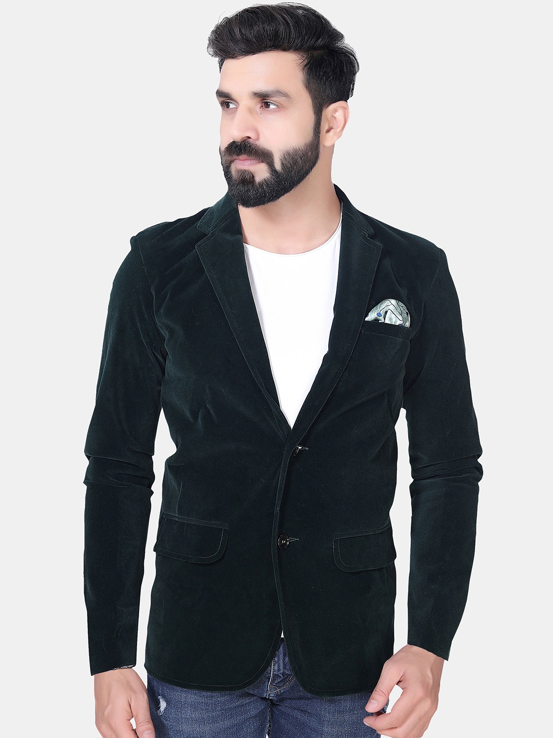 

Avaeta Notched Laple Collar Single-Breasted Velvet Blazer, Green