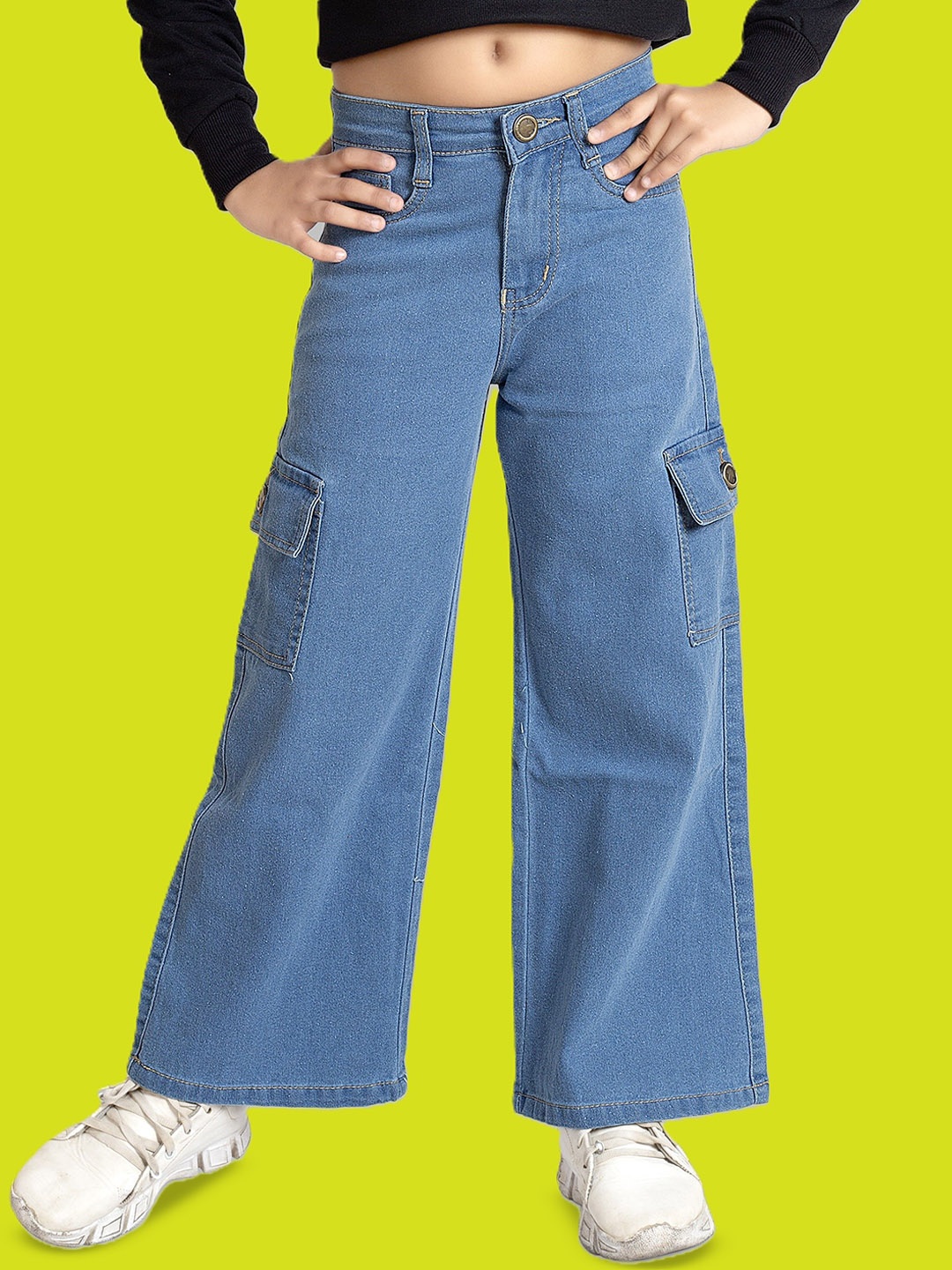 

ADBUCKS Girls Wide Leg High-Rise Stretchable Cargo Jeans, Blue