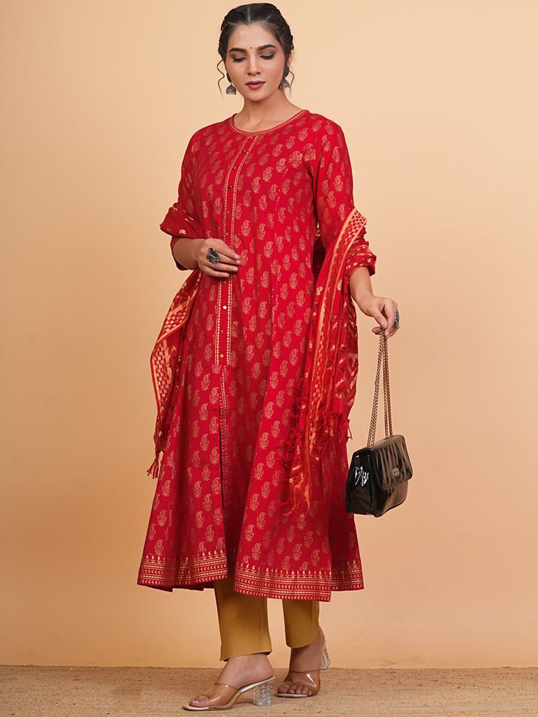 

YASH GALLERY Floral Printed Cotton Anarkali Kurta, Red
