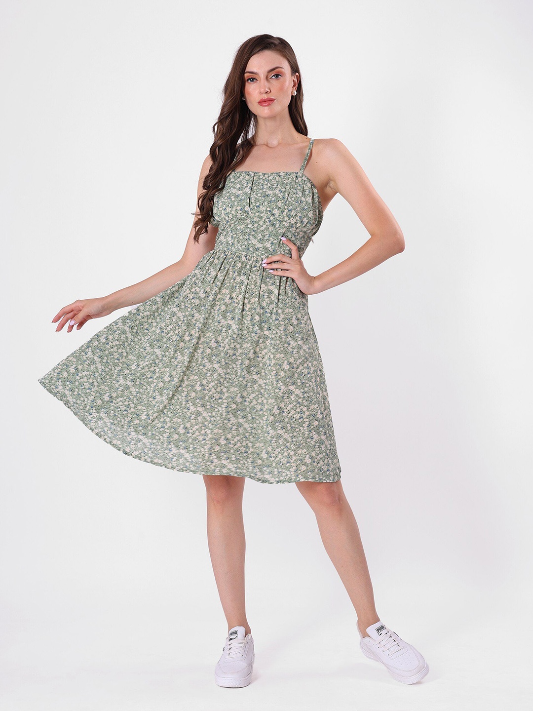 

clobug Floral Print Tie-Up Neck Georgette A-Line Mini Dress, Green