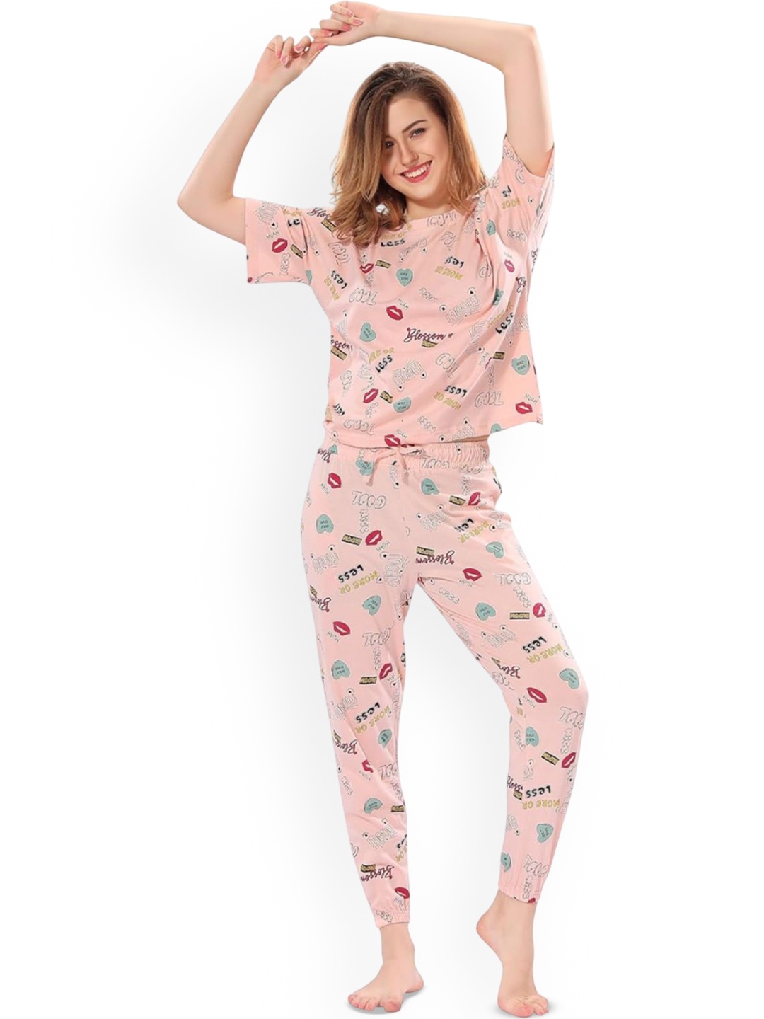 

Dreambe Women Printed Night suit, Peach