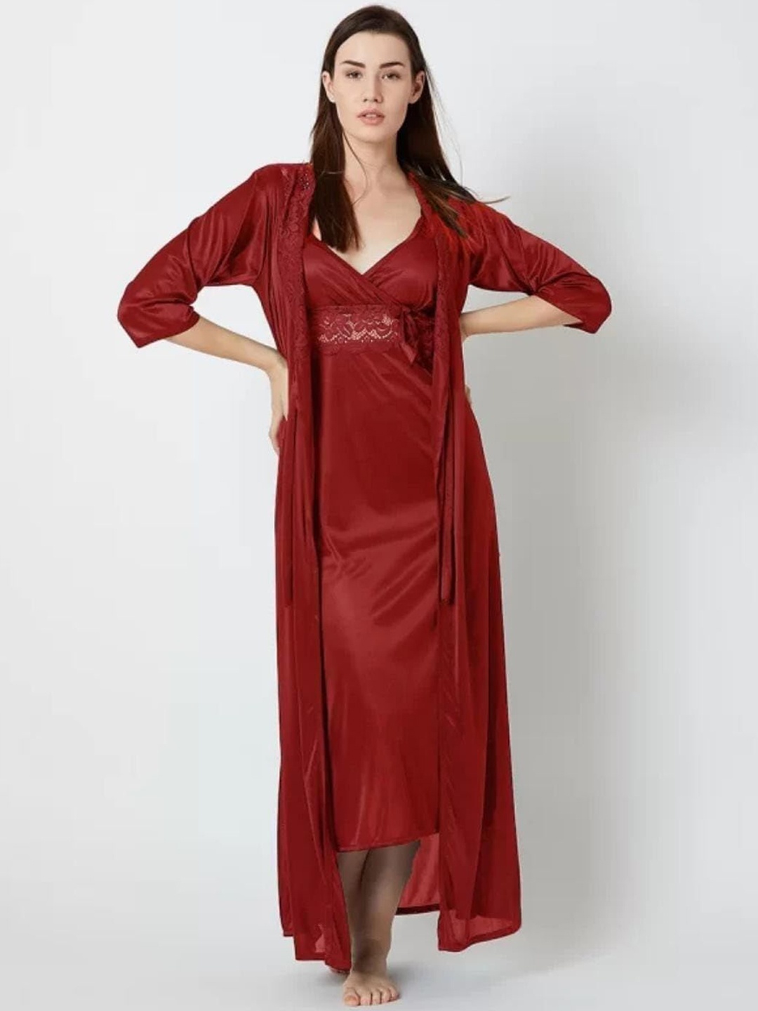 

Dreambe Satin Maxi Nightdress With Robe, Maroon