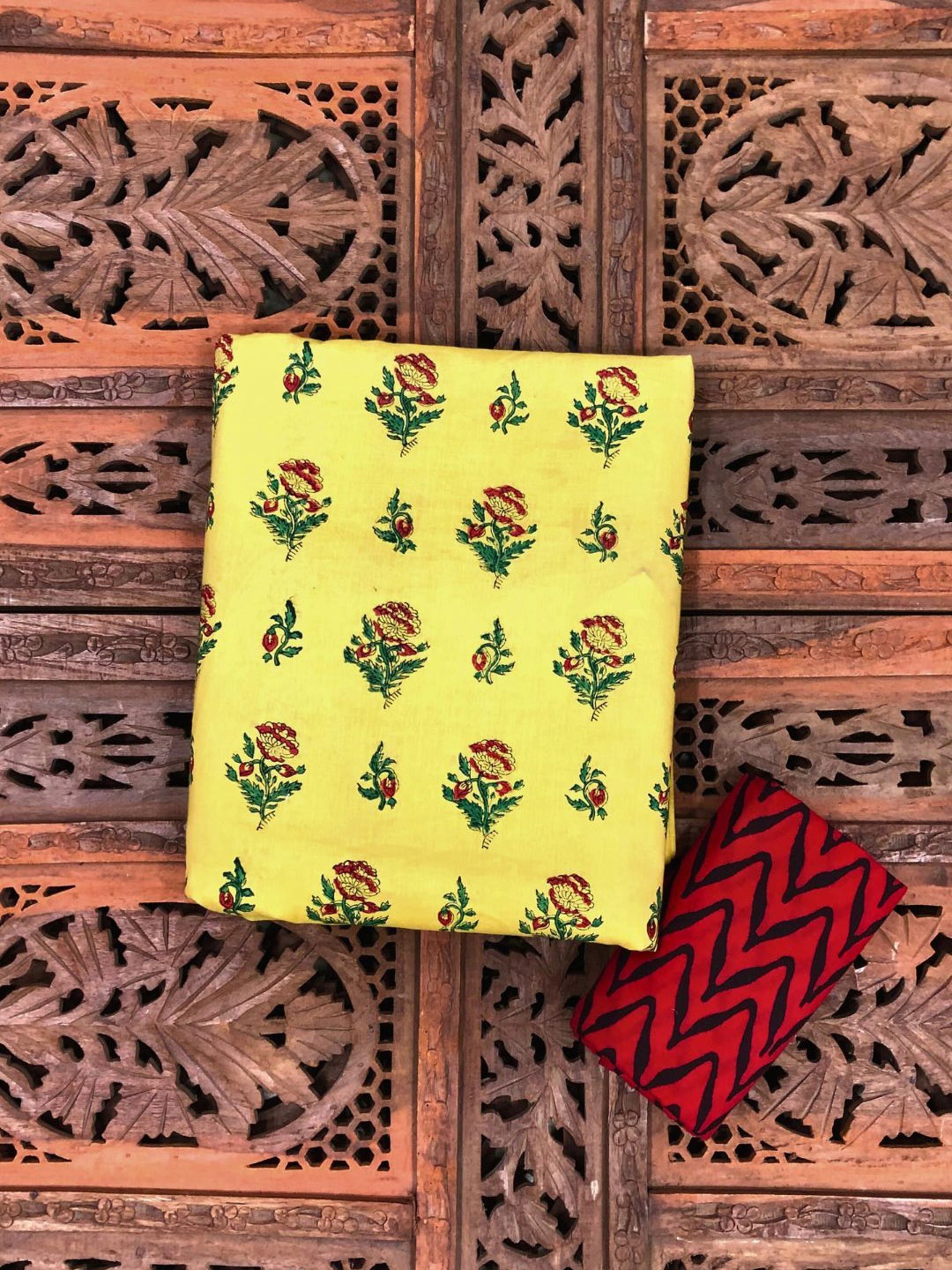 

PALASH Floral Block Printed Pure Cotton Unstitched Dress Material, Yellow