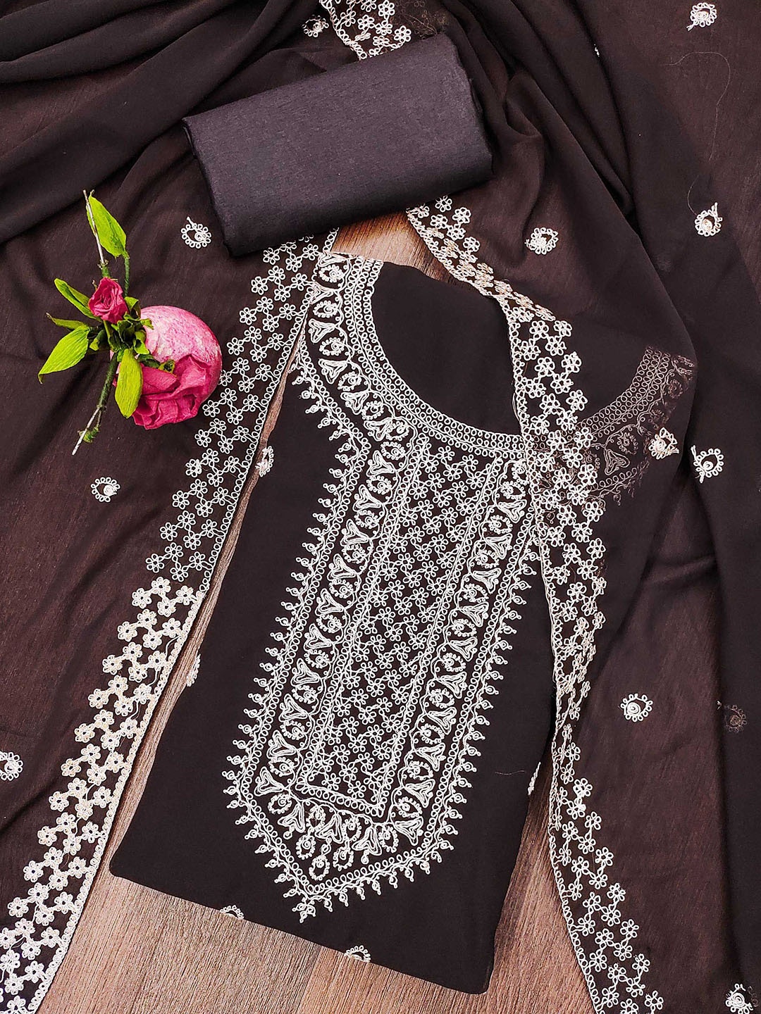 

SAINOOR Floral Embroidered Silk Georgette Unstitched Dress Material, Brown