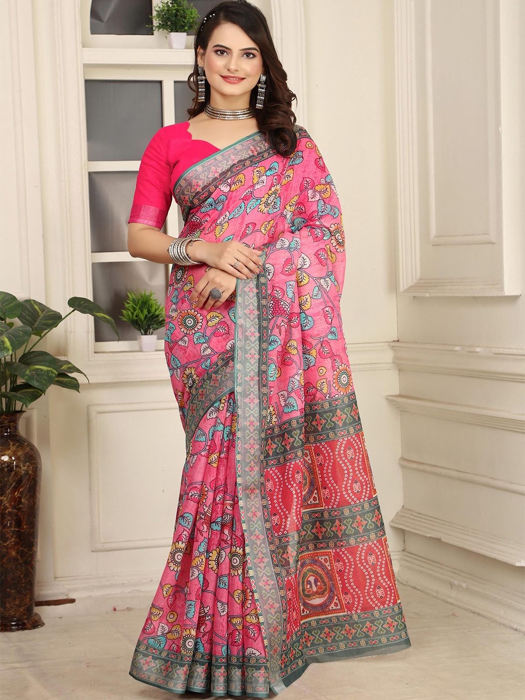 

KALINI Floral Linen Blend Designer Khadi Saree, Pink