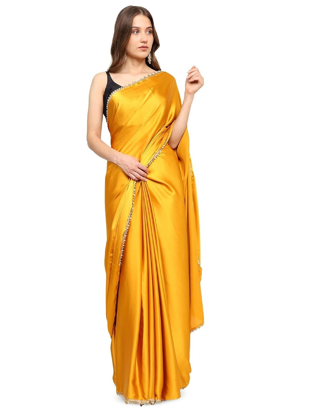 

Shopaz Embroidered Satin Ready to Wear Saree, Yellow