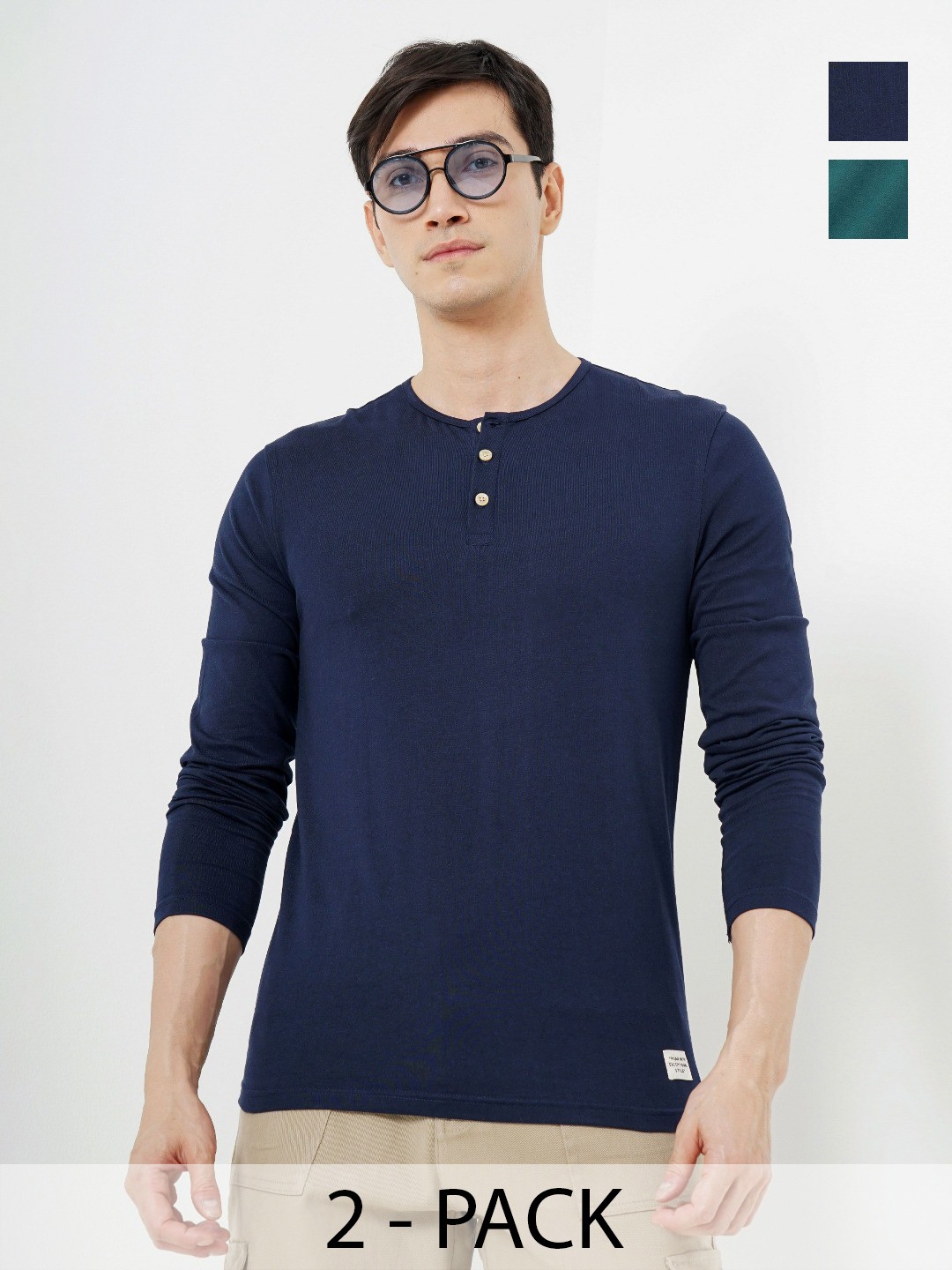 

Genoa Men Pack of 2 Solid Henley Neck Slim Fit Cotton T-shirts, Navy blue