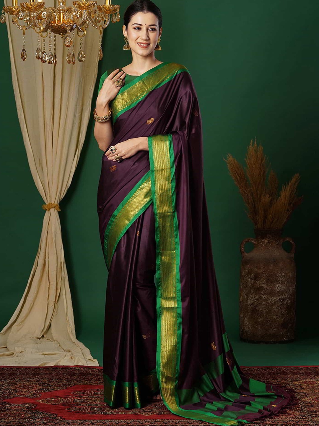 

yourwish Woven Design Zari Silk Cotton Banarasi Saree, Magenta