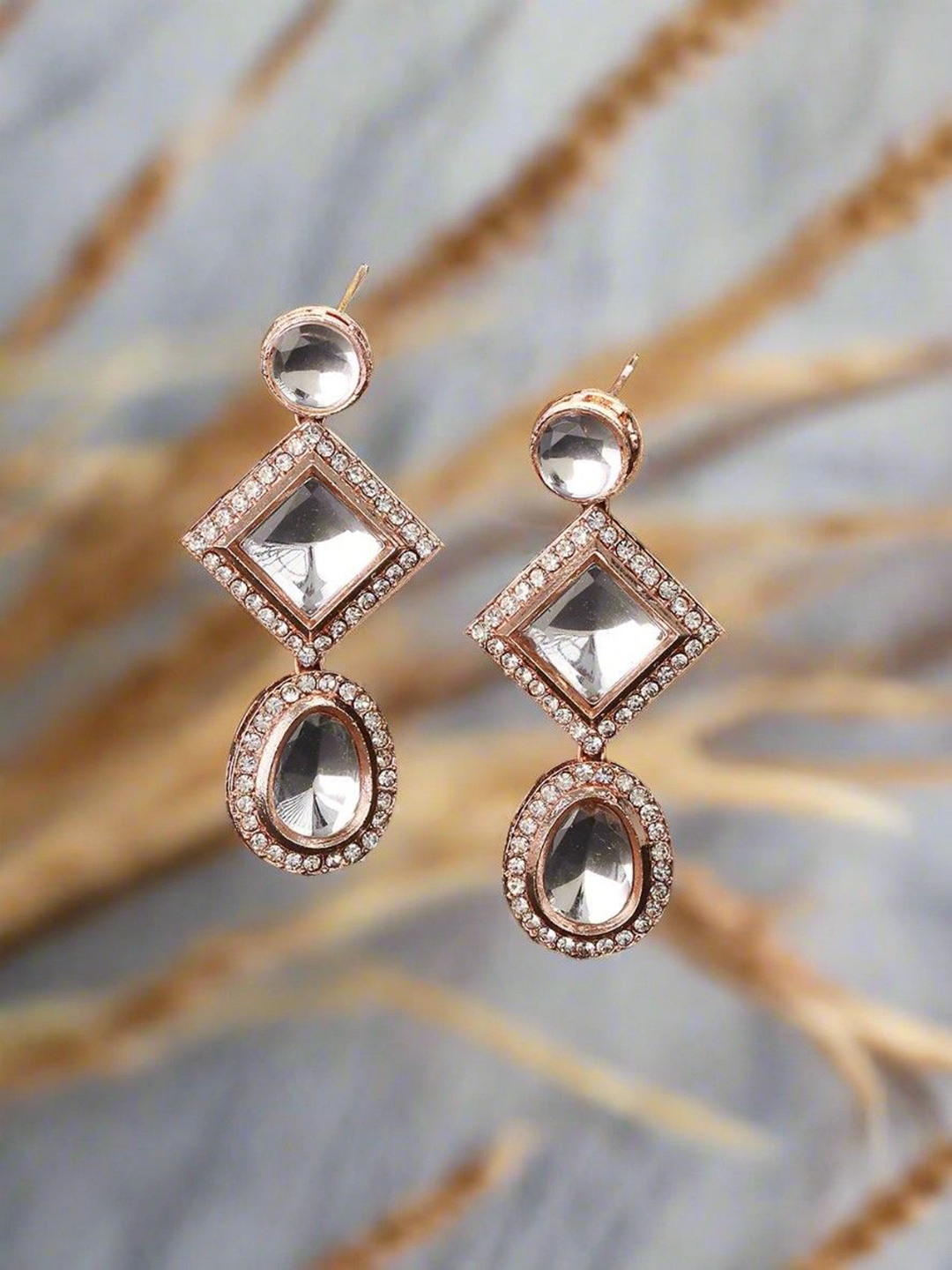 

Anouk Rose Gold Plated Cubic Zirconia Studded Geometric Shaped Drop Earrings