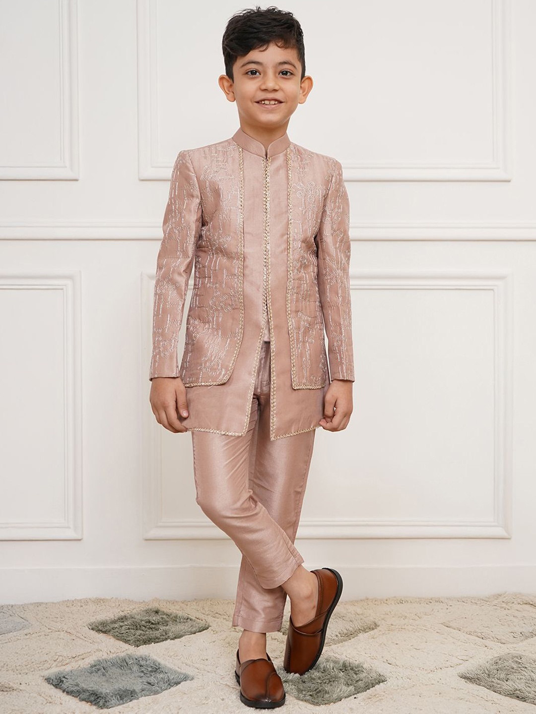 

Vastramay Boys Slim Fit Embroidered Sherwani Set, Rose gold