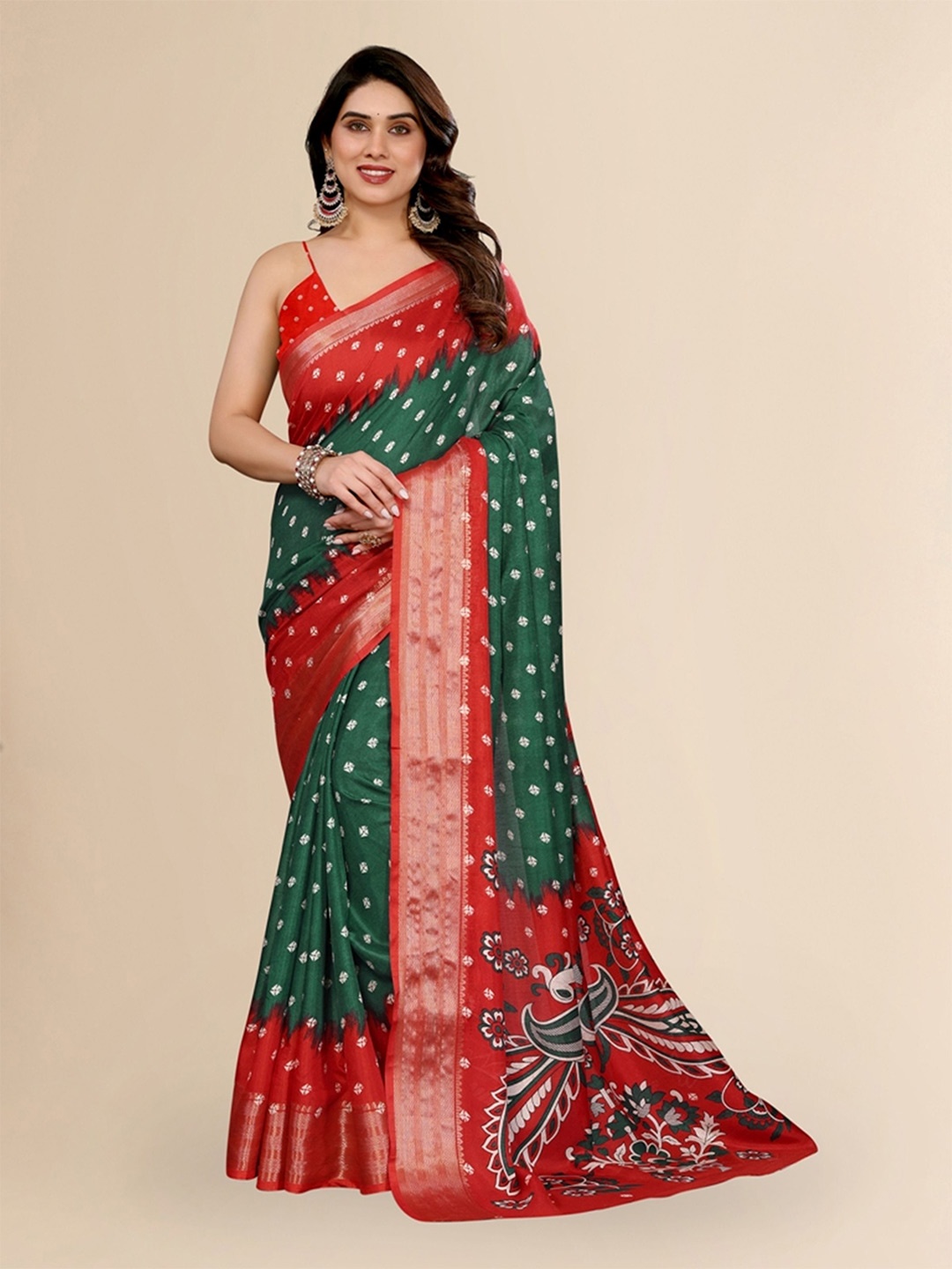 

Moda Rapido Bandhani Zari Silk Blend Saree, Green