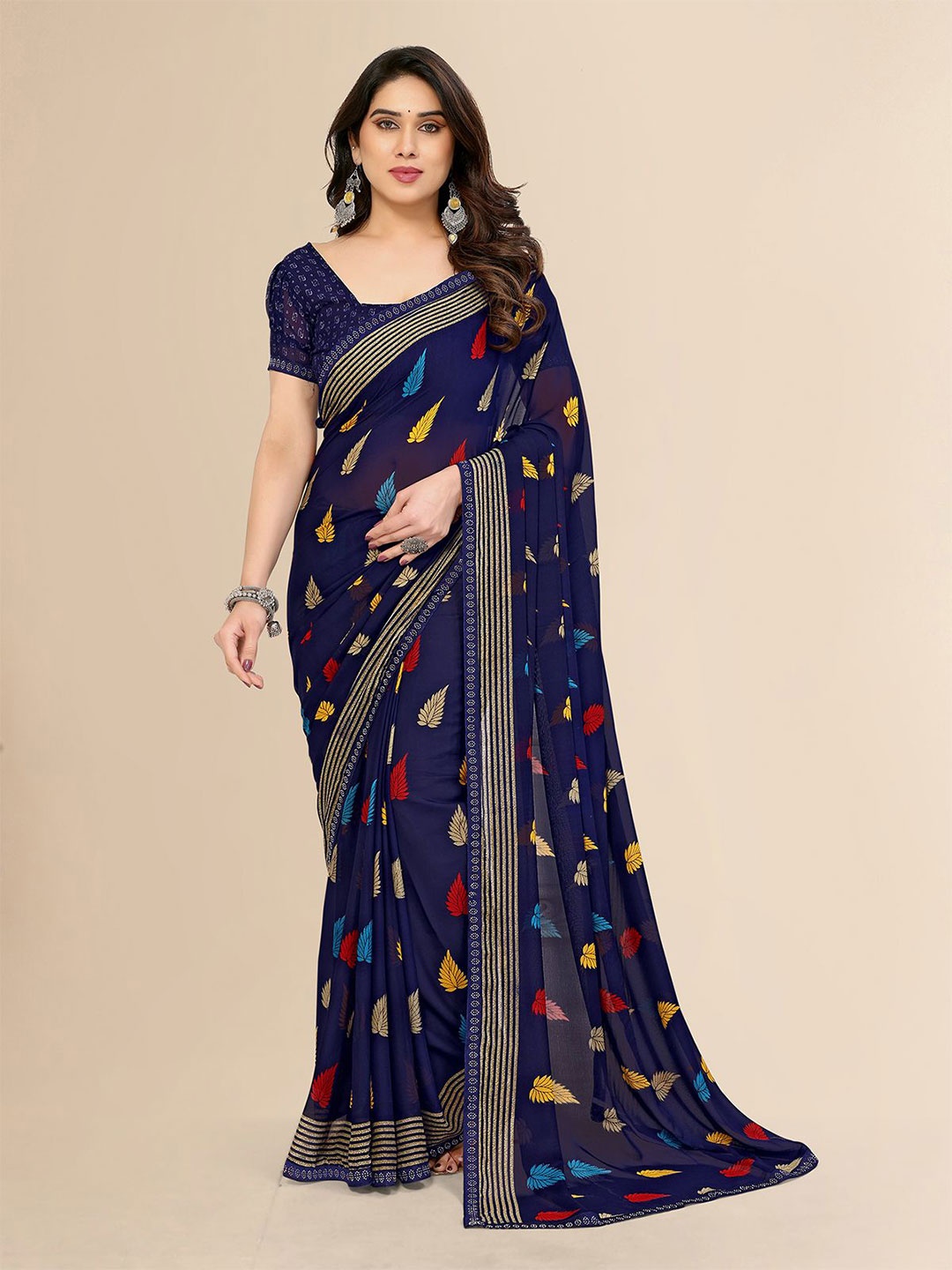

Moda Rapido Floral Beads and Stones Poly Georgette Saree, Blue
