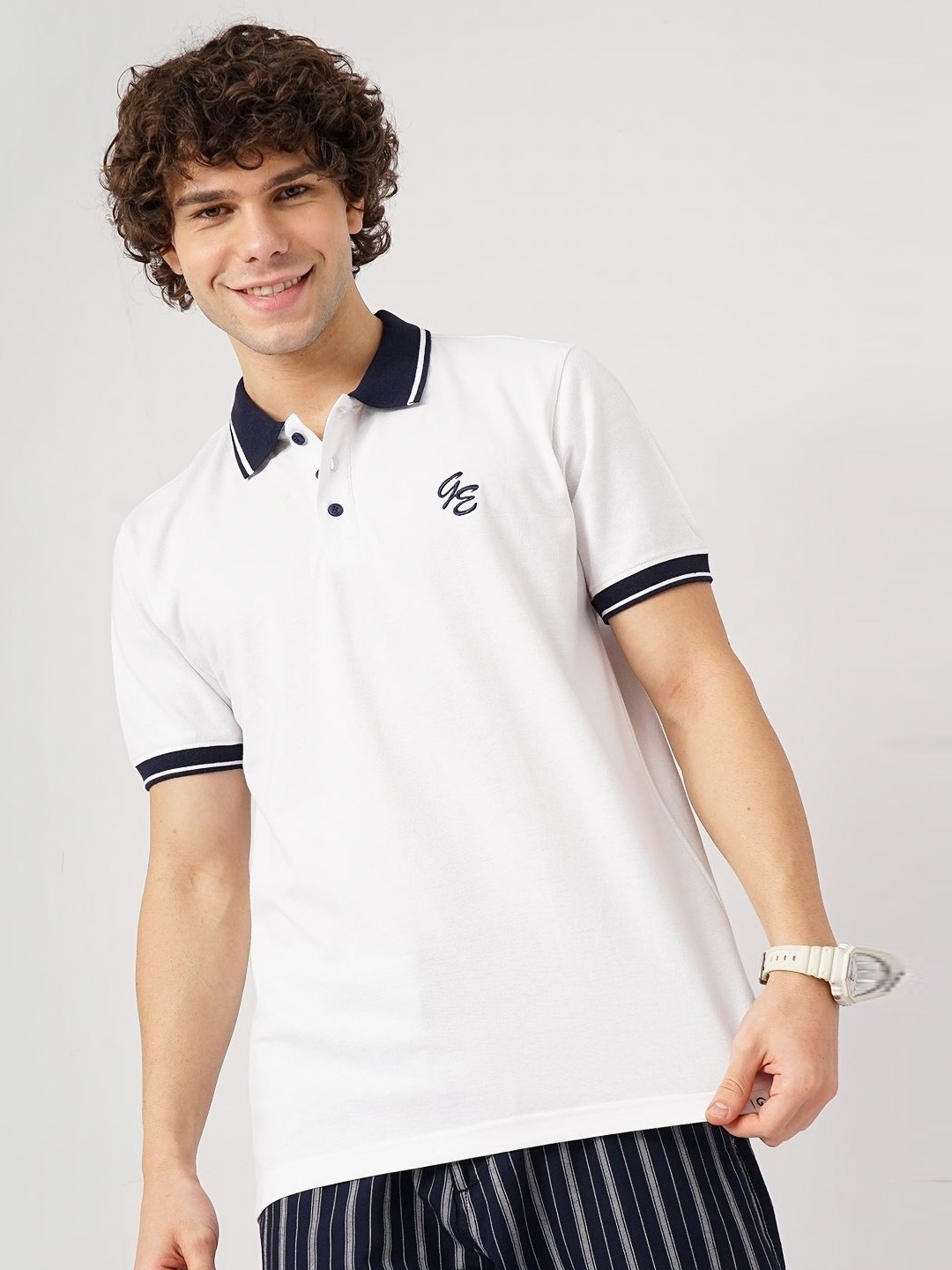 

Genoa Men Brand Logo Polo Collar Pure Cotton Slim Fit T-shirt, Off white