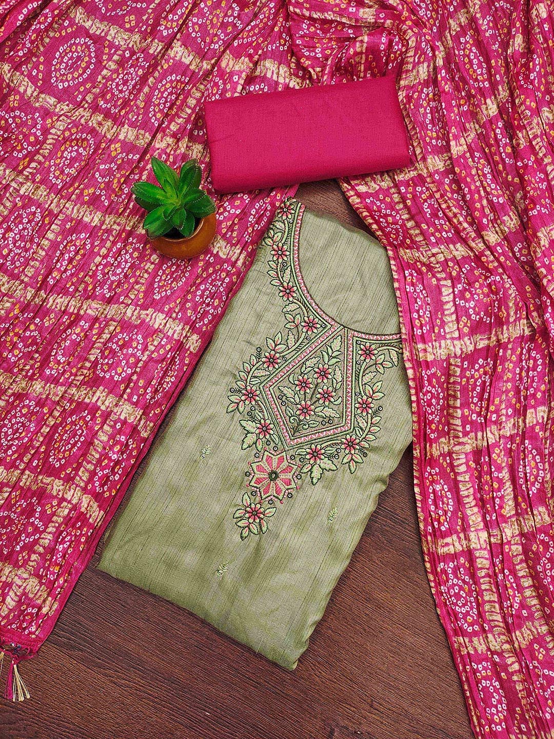 

SAINOOR Floral Embroidered Unstitched Dress Material, Olive