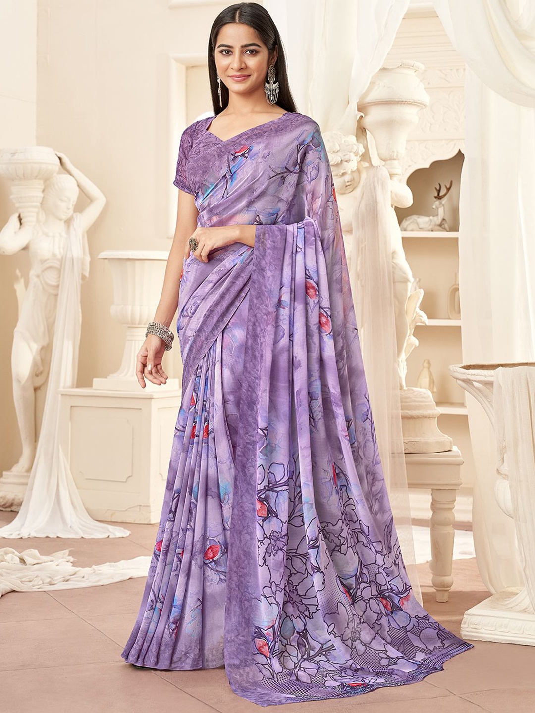 

DIVASTRI Floral Poly Georgette Saree, Lavender