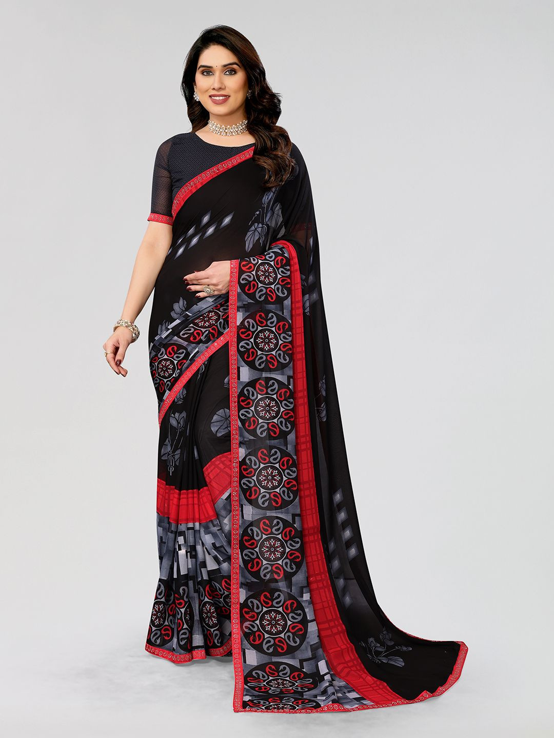 

Moda Rapido Women Embellished Border Saree With Blouse Piece, Black