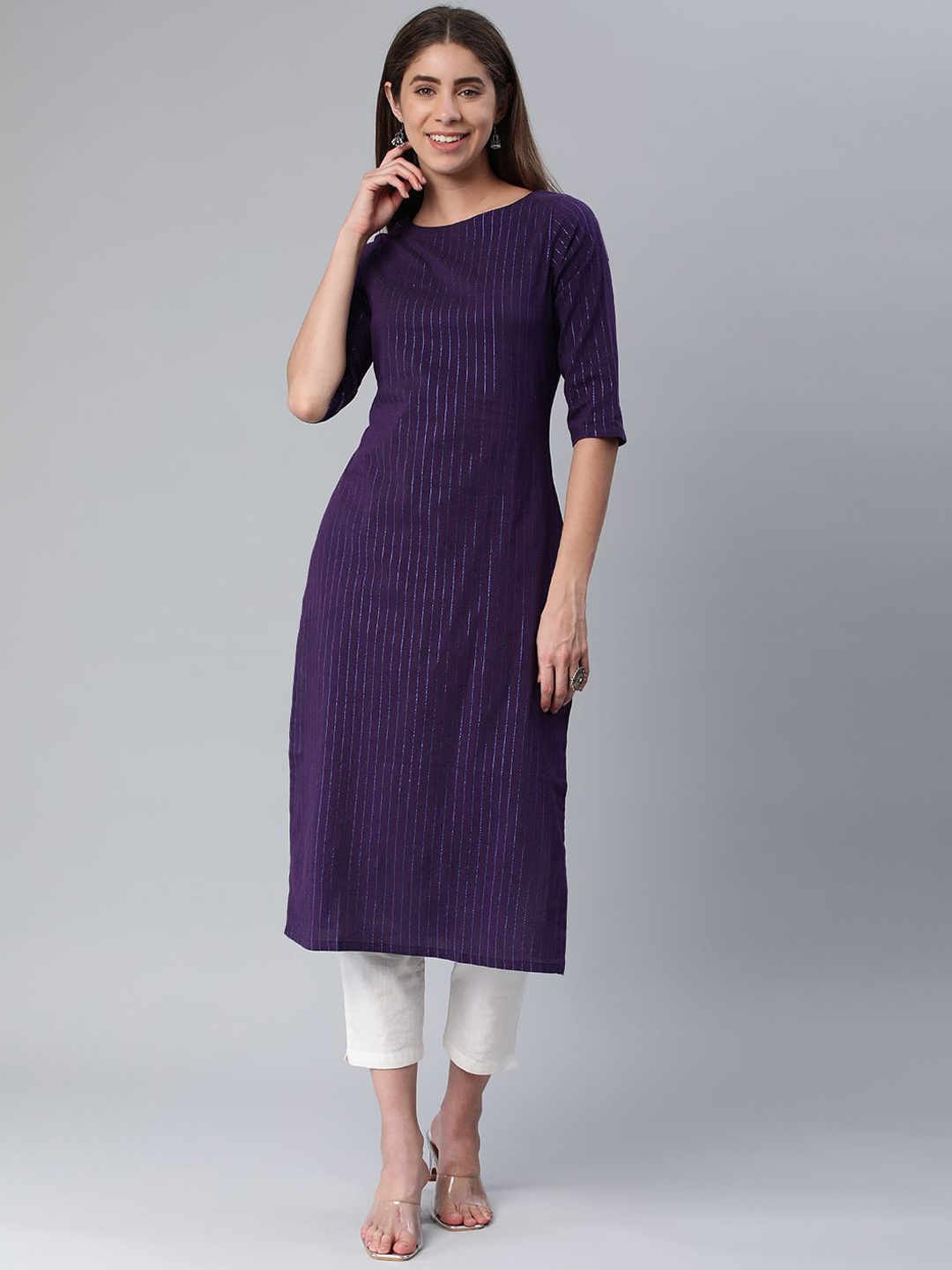 

Fourleaf Striped Round Neck Straight Kurta, Purple