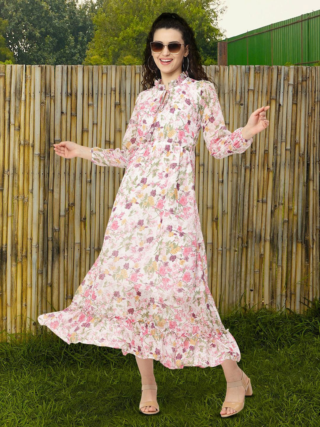 

Moda Rapido Floral Print Tie-Up Neck Applique Fit & Flare Dress, Multi