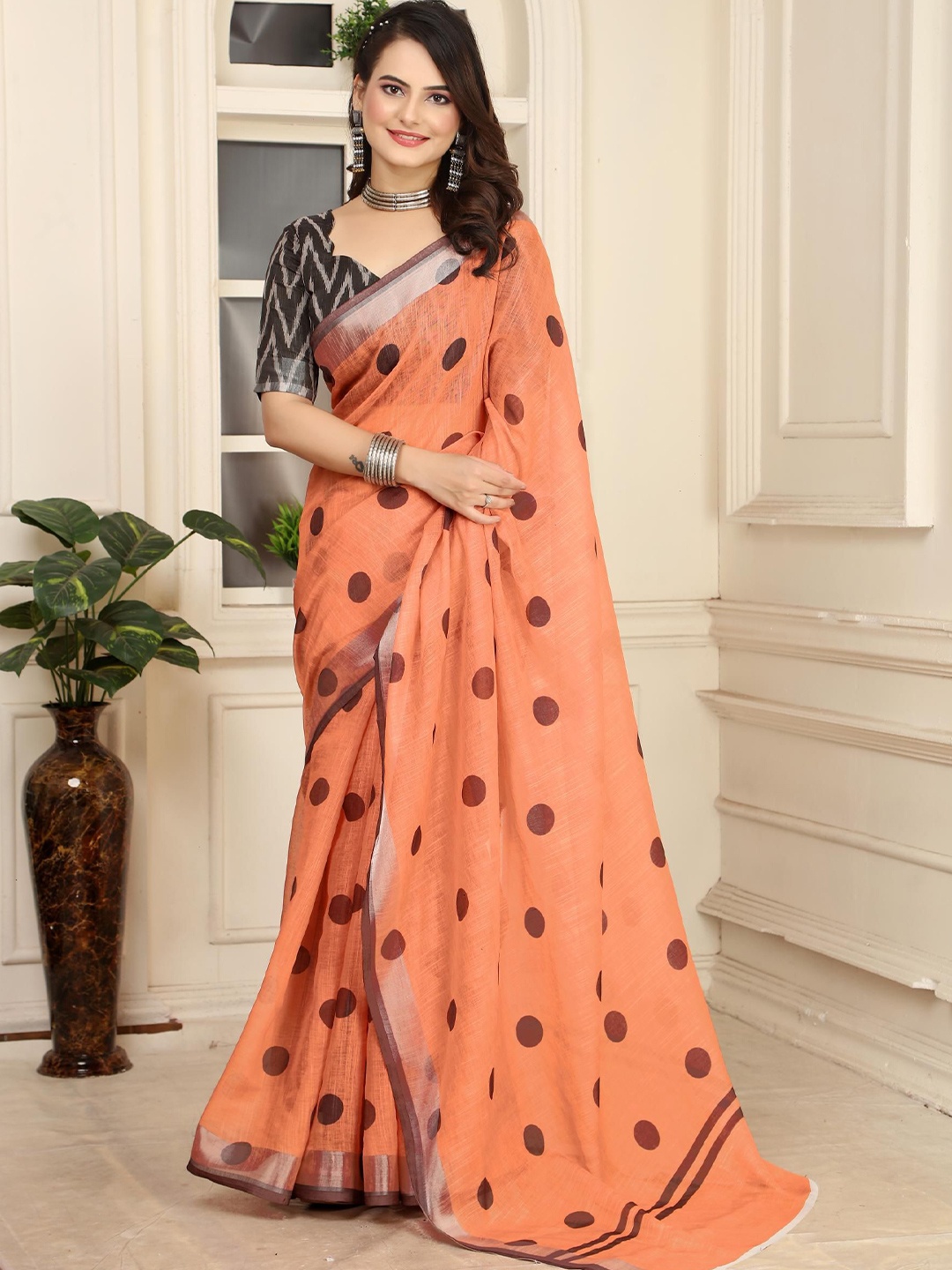 

KALINI Polka Dot Linen Blend Khadi Saree, Orange