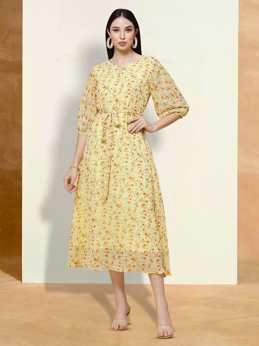

Moda Rapido Floral Print Applique Fit & Flare Dress, Yellow