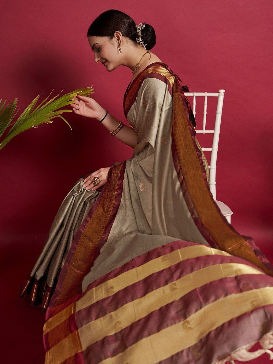

yourwish Woven Design Zari Silk Cotton Ikat Saree, Beige