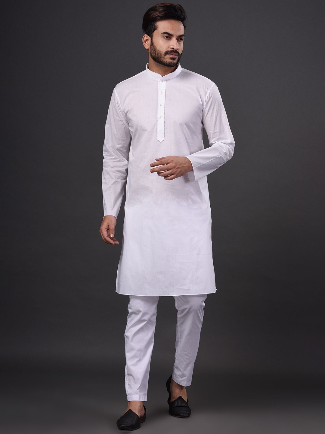 

HAMSAFAR Pure Cotton Mandarin Collar Straight Kurta, White