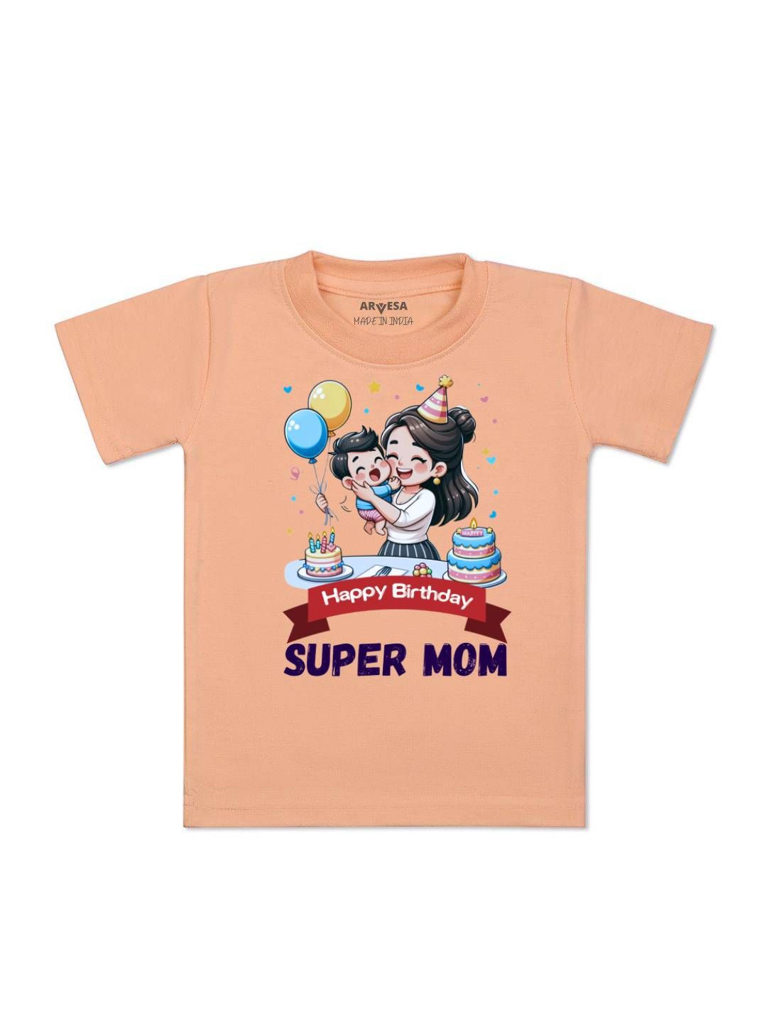 

Arvesa Kids Happy Birthday Super Mom Printed Tshirt, Peach