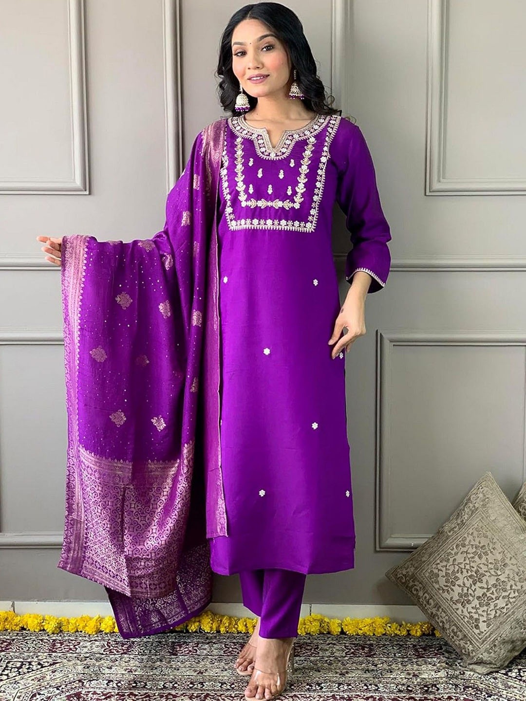 

ZEEPKART Floral Embroidered Notch Neck Sequinned Straight Kurta With Trousers & Dupatta, Purple