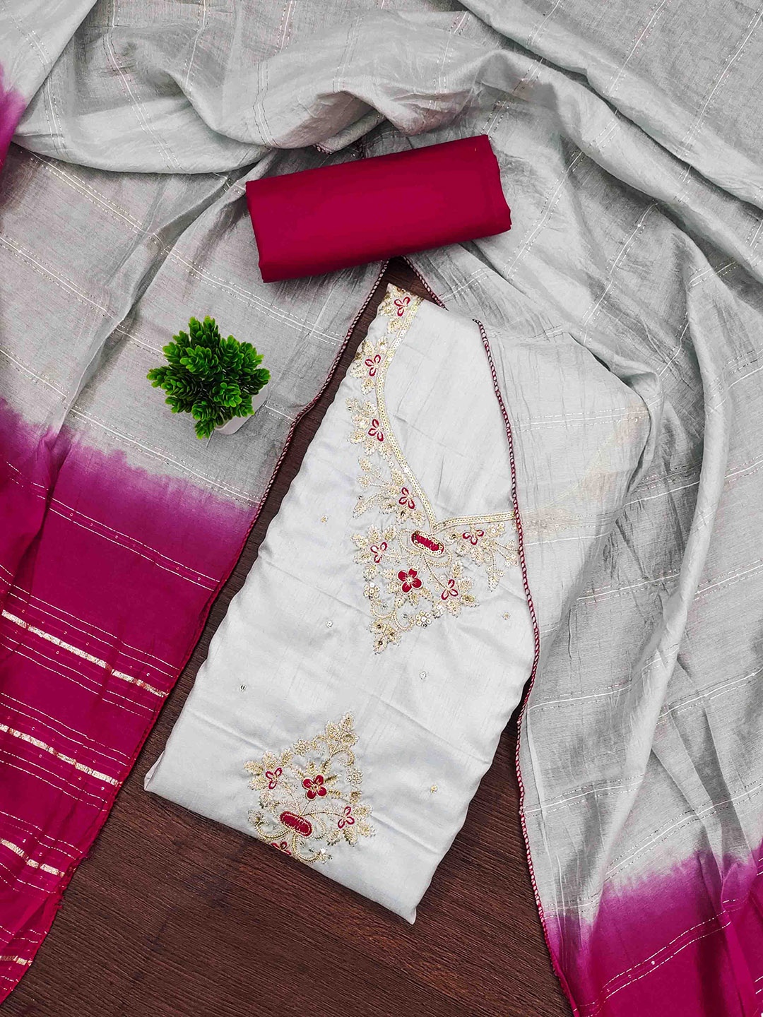 

KALINI Embroidered Unstitched Dress Material, Off white