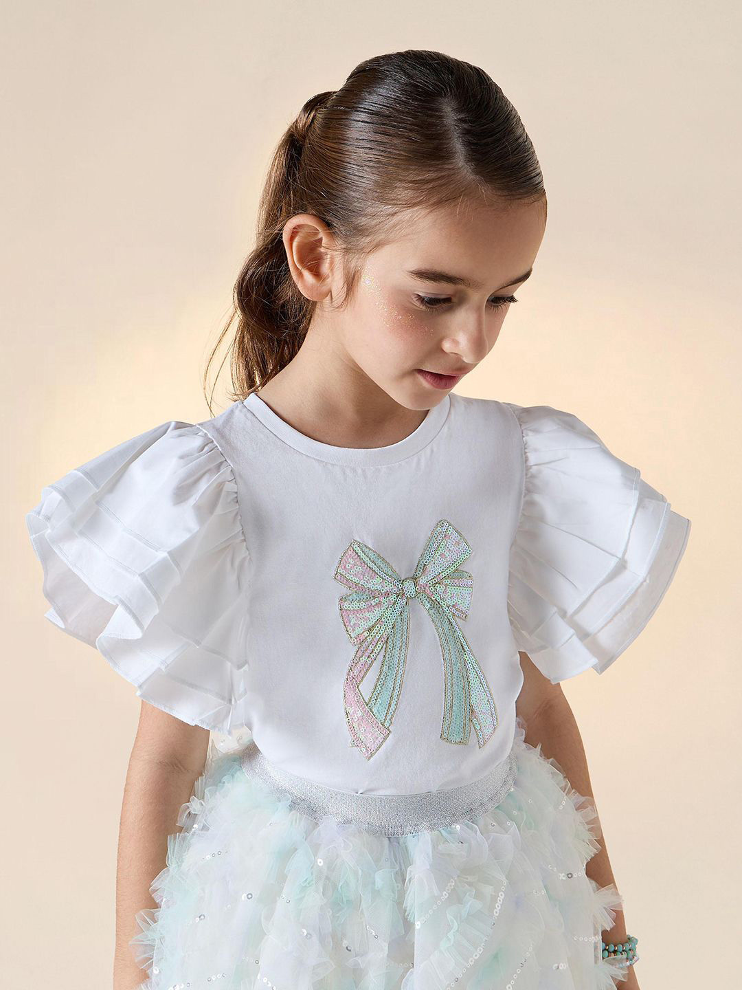 

Juniors by Babyshop Floral Print Flutter Sleeve Cotton Top, White