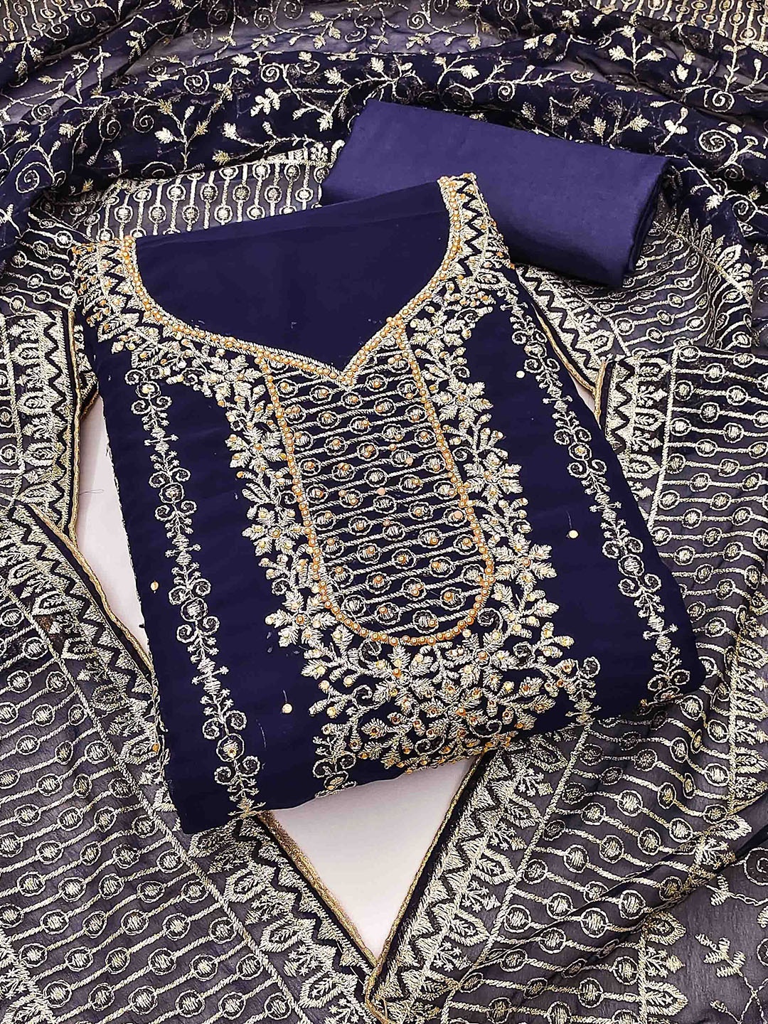 

KALINI Embroidered Unstitched Dress Material, Navy blue