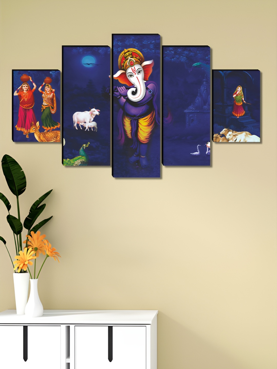 

Aura Blue & White 5 Pieces Wooden Ganesha Religious Wall Art