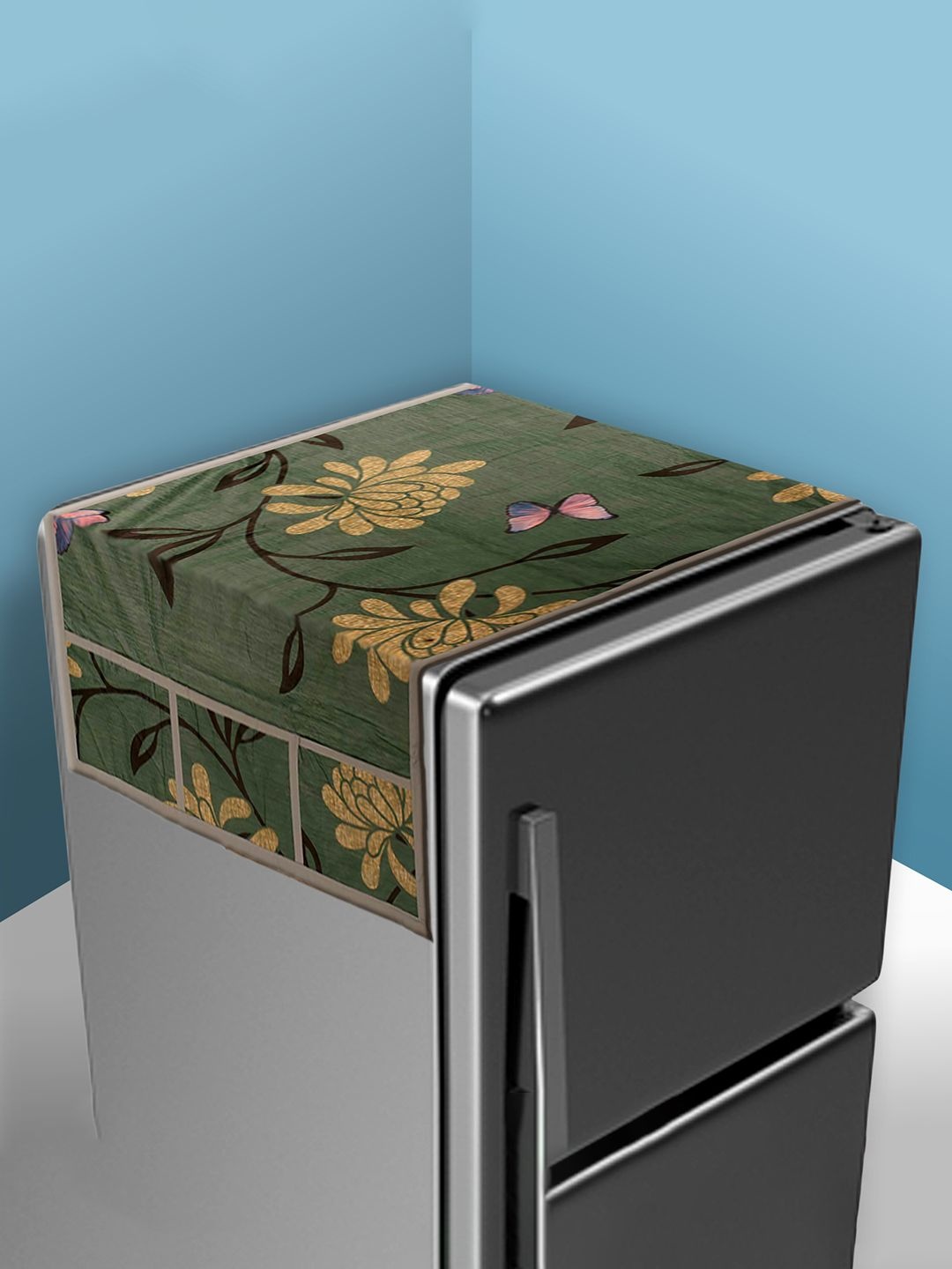 

Kuber Industries Green & Beige Flower Printed Fridge Cover With 6 Pockets Appliance Covers