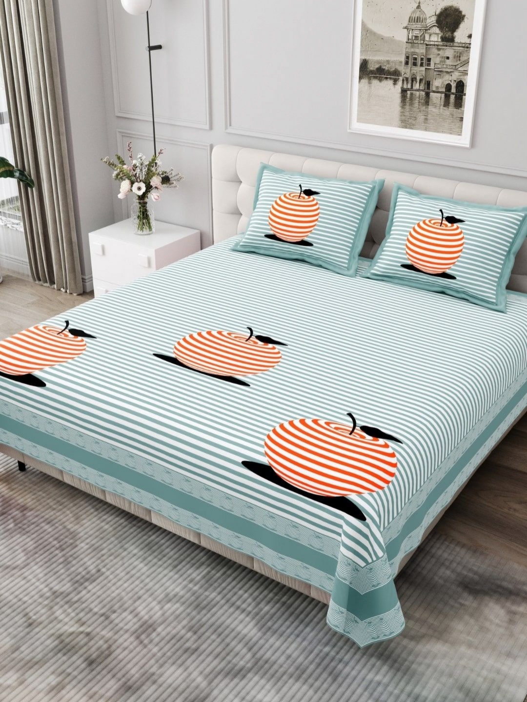 

JAIPUR FABRIC Teal & White Striped Cotton 254 TC King Bedsheet Set 2.74m x 2.28m