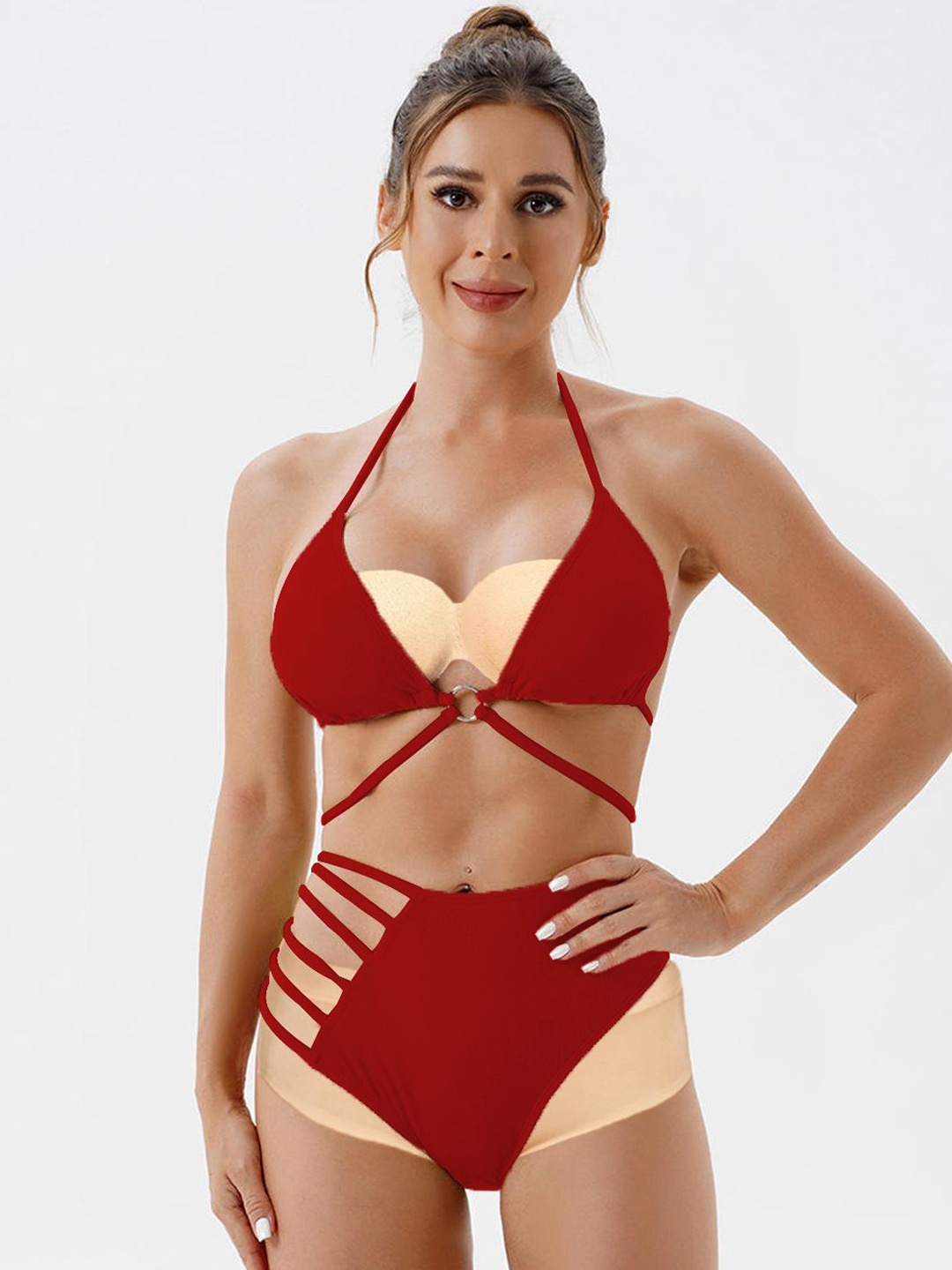 

KRENOZ Halter Neck Swim Bikini Set, Red