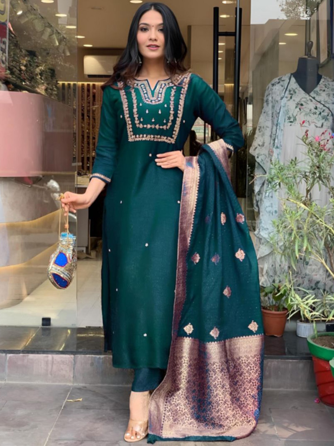 

ZEEPKART Ethnic Motifs Embroidered Beads and Stones Straight Kurta With Trousers & Dupatta, Teal