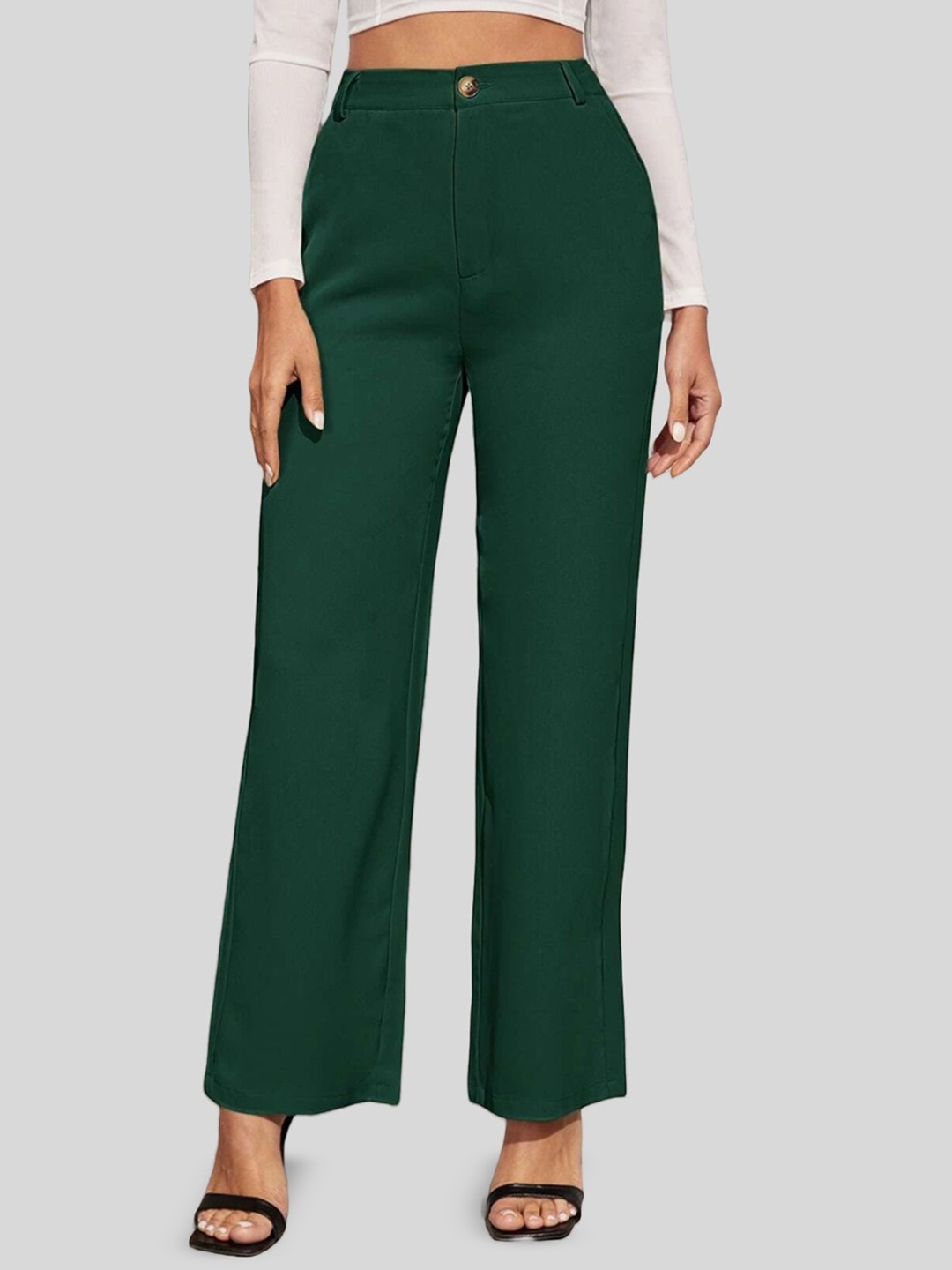 

FNOCKS Women Cotton Relaxed Straight Leg High-Rise Trousers, Green