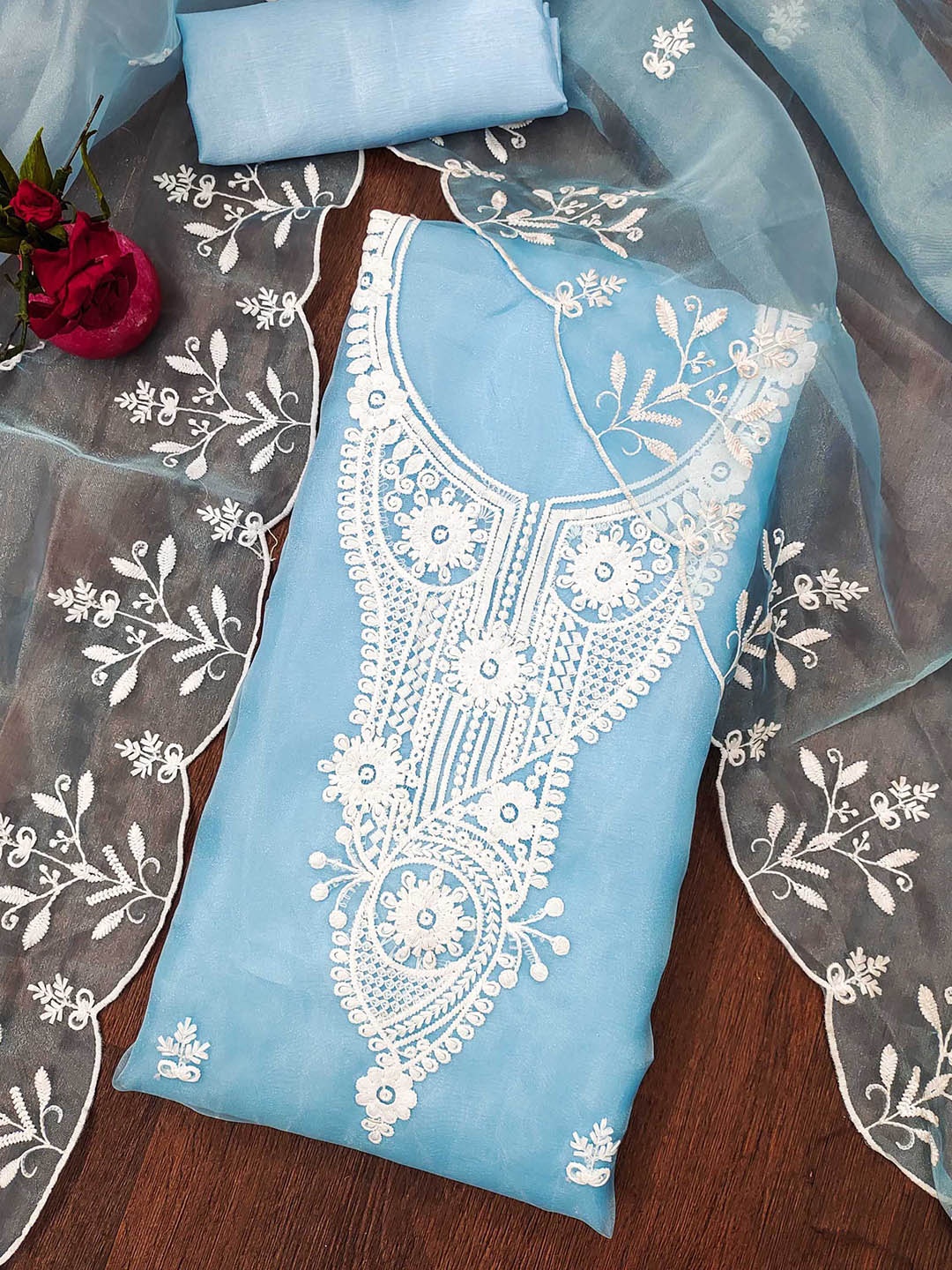 

SAINOOR Floral Embroidered Organza Untitched Dress Material, Blue