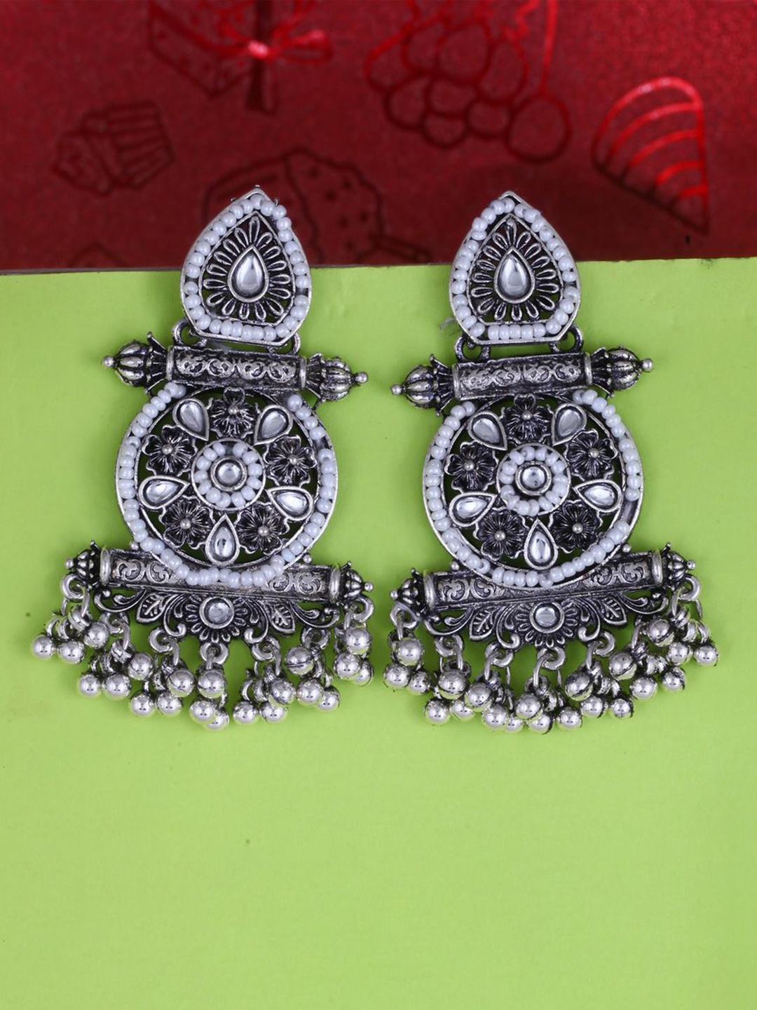 

MEENAZ Silver-Plated Oxidised Stone Studded & Beaded Contemporary Shaped Drop Earrings