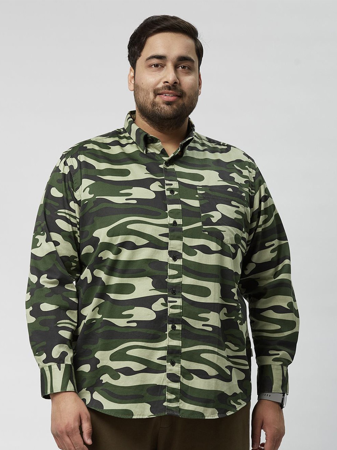 

Big Hello - The Plus Life Men Comfort Opaque Printed Casual Shirt, Olive