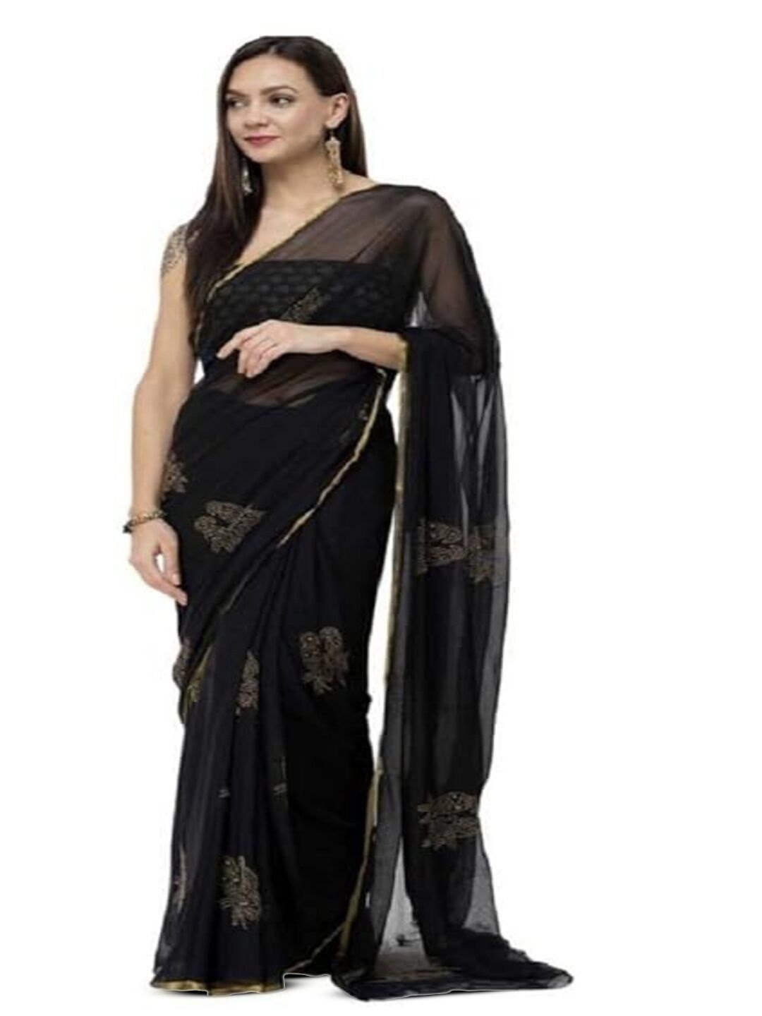 

DURGA EMPORIO Floral Pure Chiffon Saree, Black