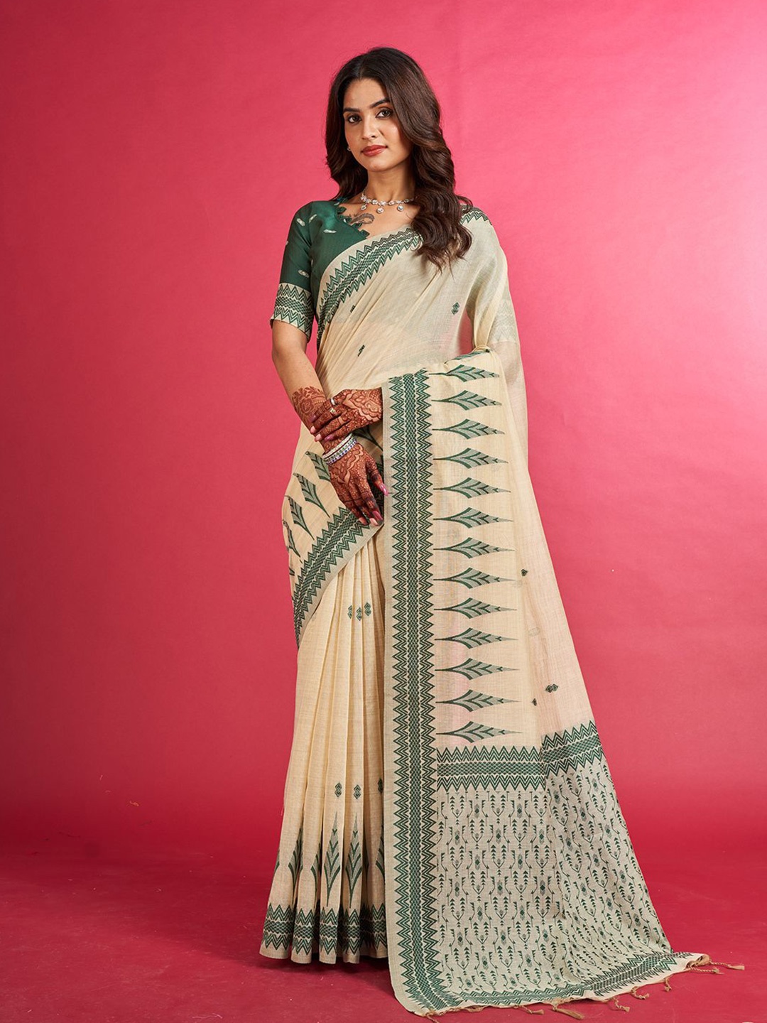 

SARHAFloral Woven Chanderi Saree, Green