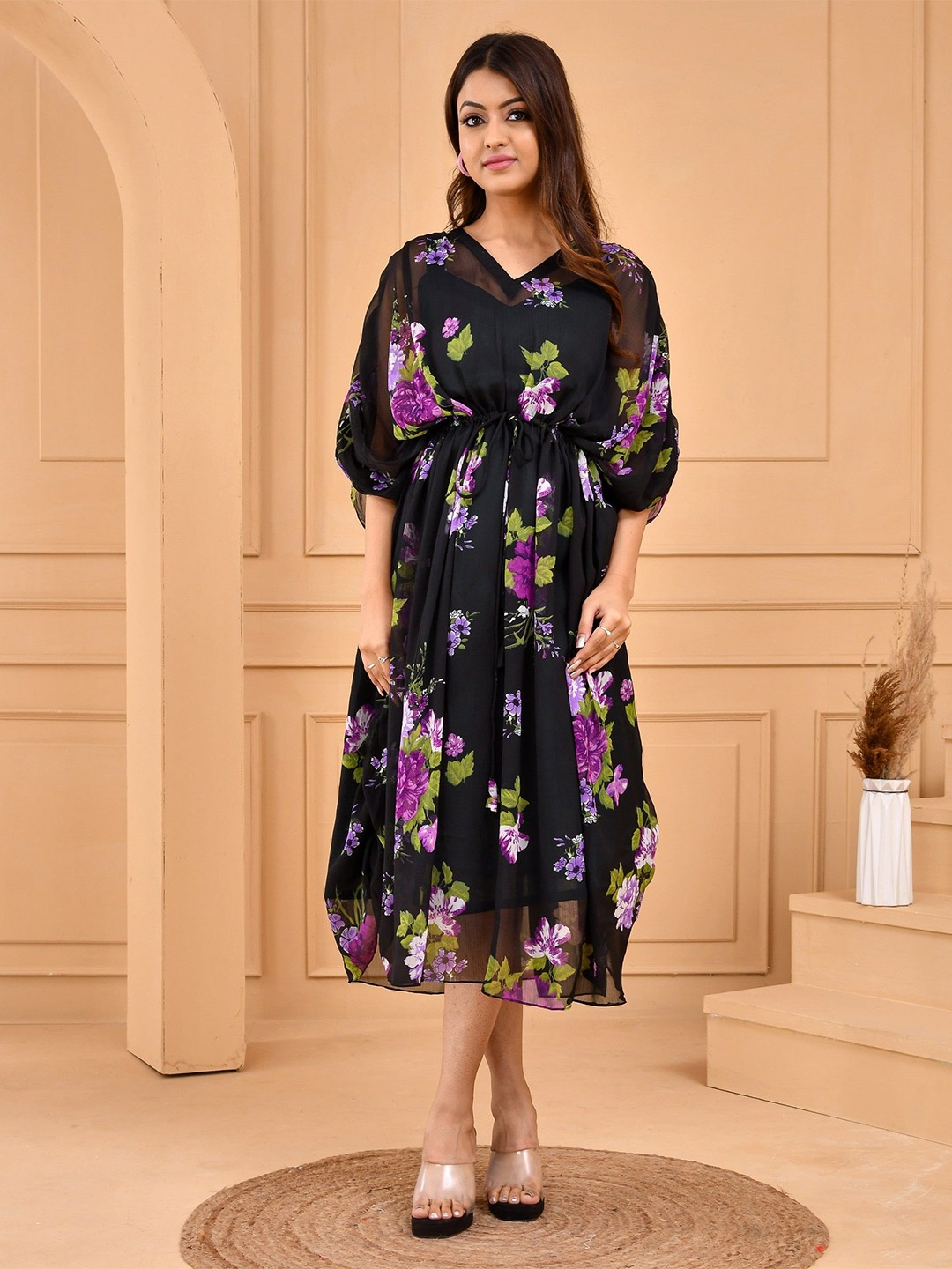 

DRESENCE Floral Print Kimono Sleeve Georgette A-Line Dress, Black