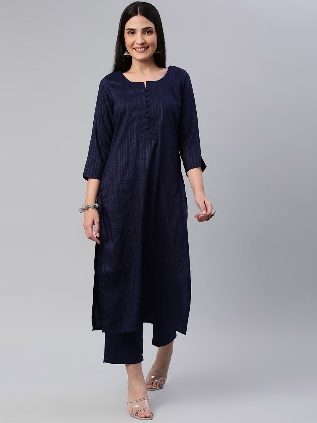 

DIVASTRI Striped Notch Neck Straight Kurta with Trousers, Navy blue