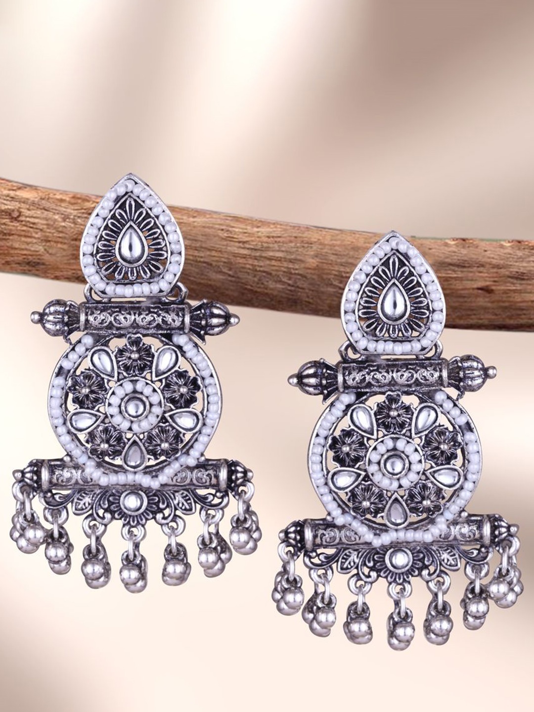 

MEENAZ Silver-Plated Oxidised Stone Studded & Beaded Contemporary Shaped Drop Earrings