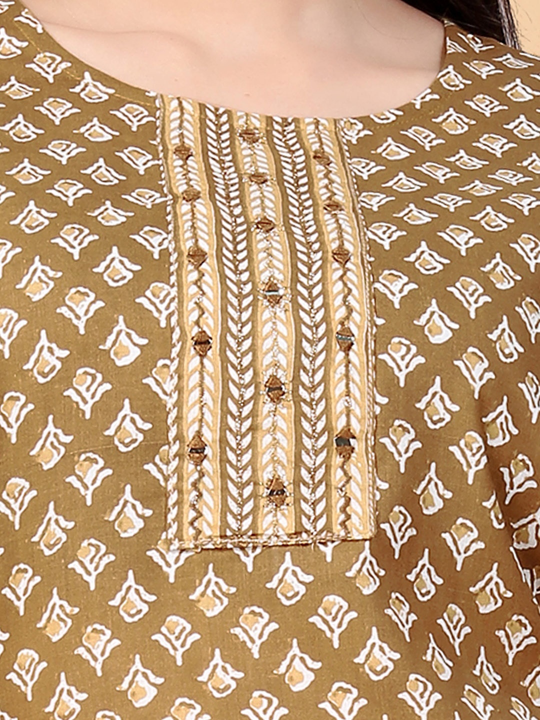 

Moda Rapido Floral Printed Round Neck Mirror Work Straight Kurta With Trousers, Beige