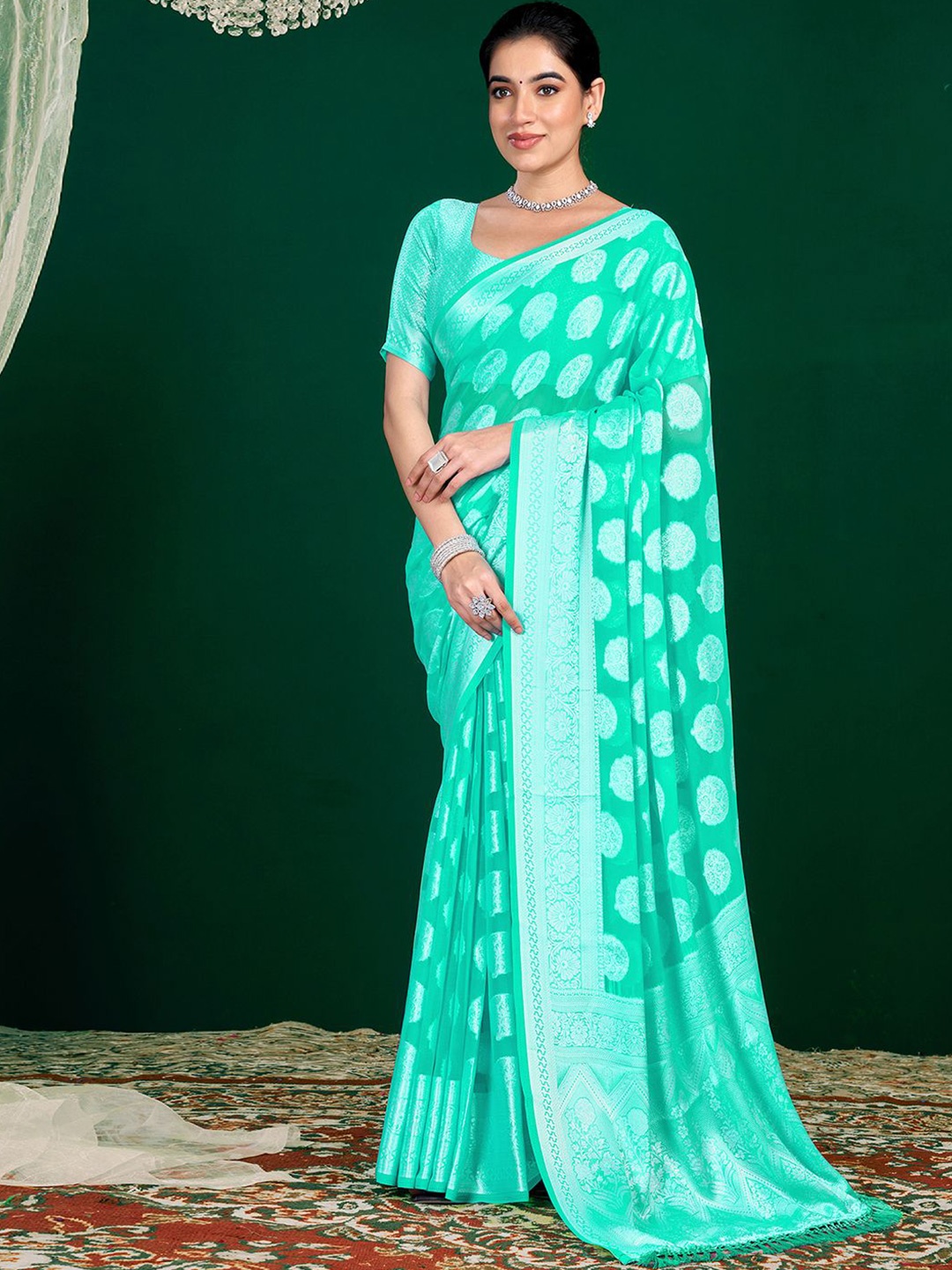 

Satrani Woven Design Zari Pure Georgette Saree, Green