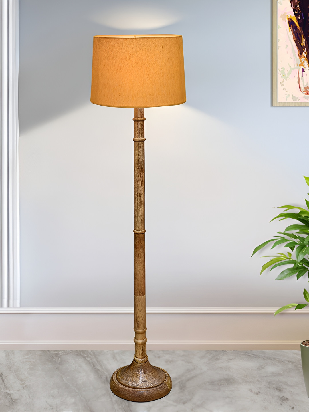 

Homesake Rustic Yellow & Brown Wooden Cylinder Shaped Floor Lamp With Shade
