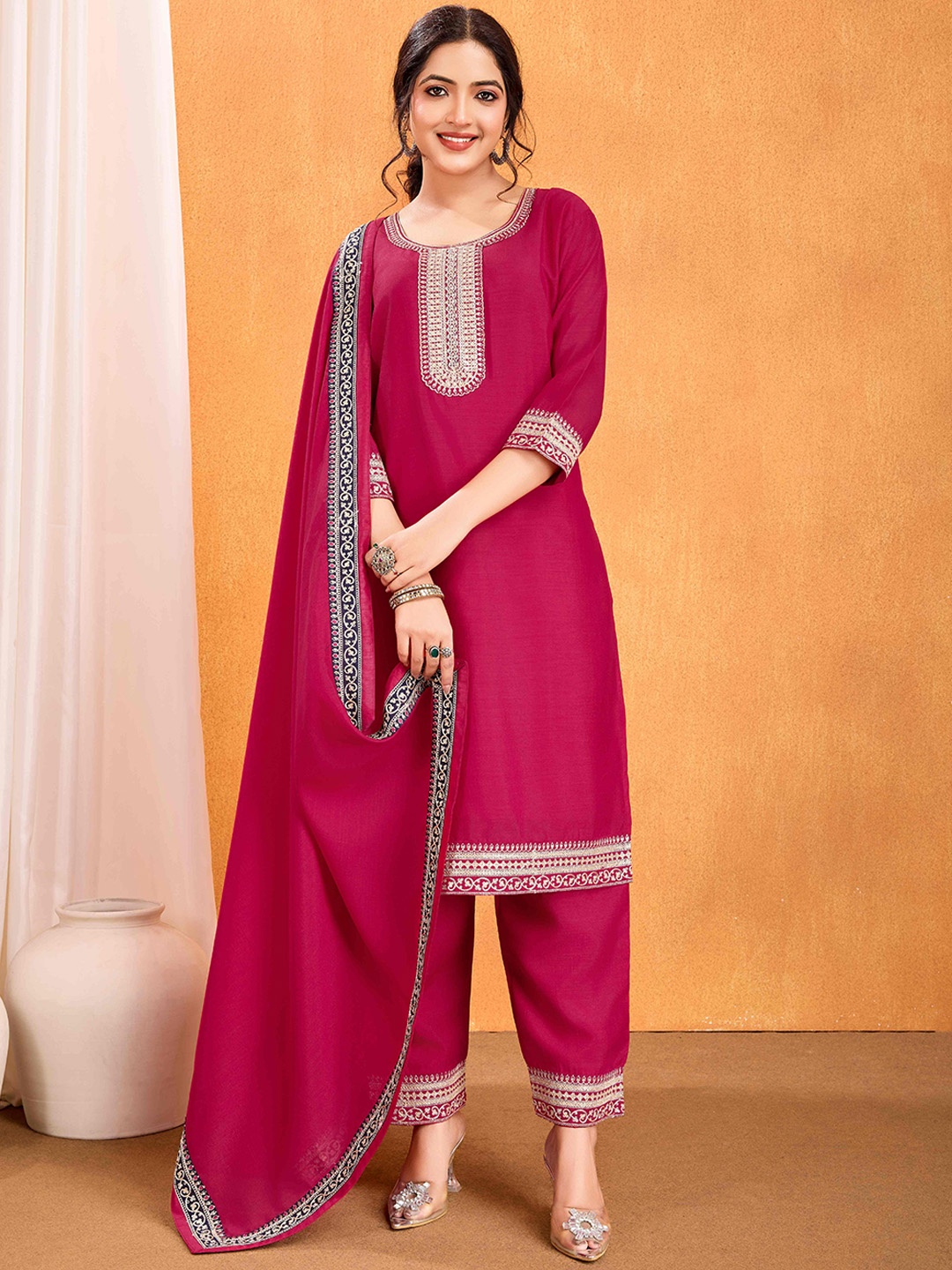 

Shriji fashion Floral Embroidered Sequinned Chanderi Silk Kurta With Trouser And Dupatta, Pink